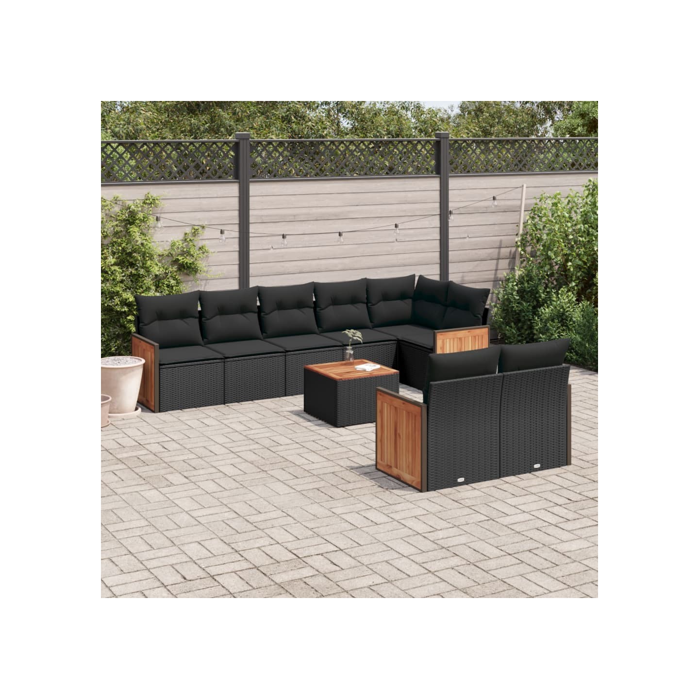Salon de jardin 9 pcs avec coussins noir résine tressée
