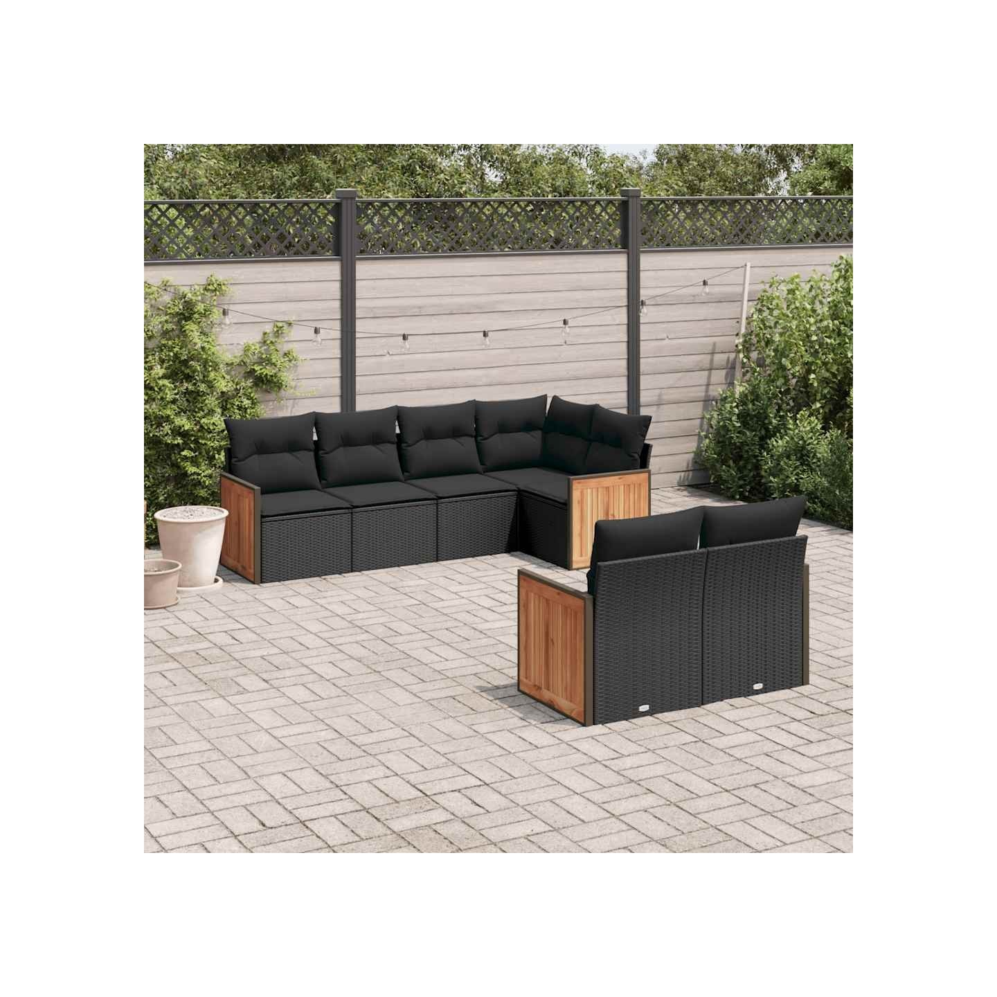 Salon de jardin 7 pcs avec coussins noir résine tressée
