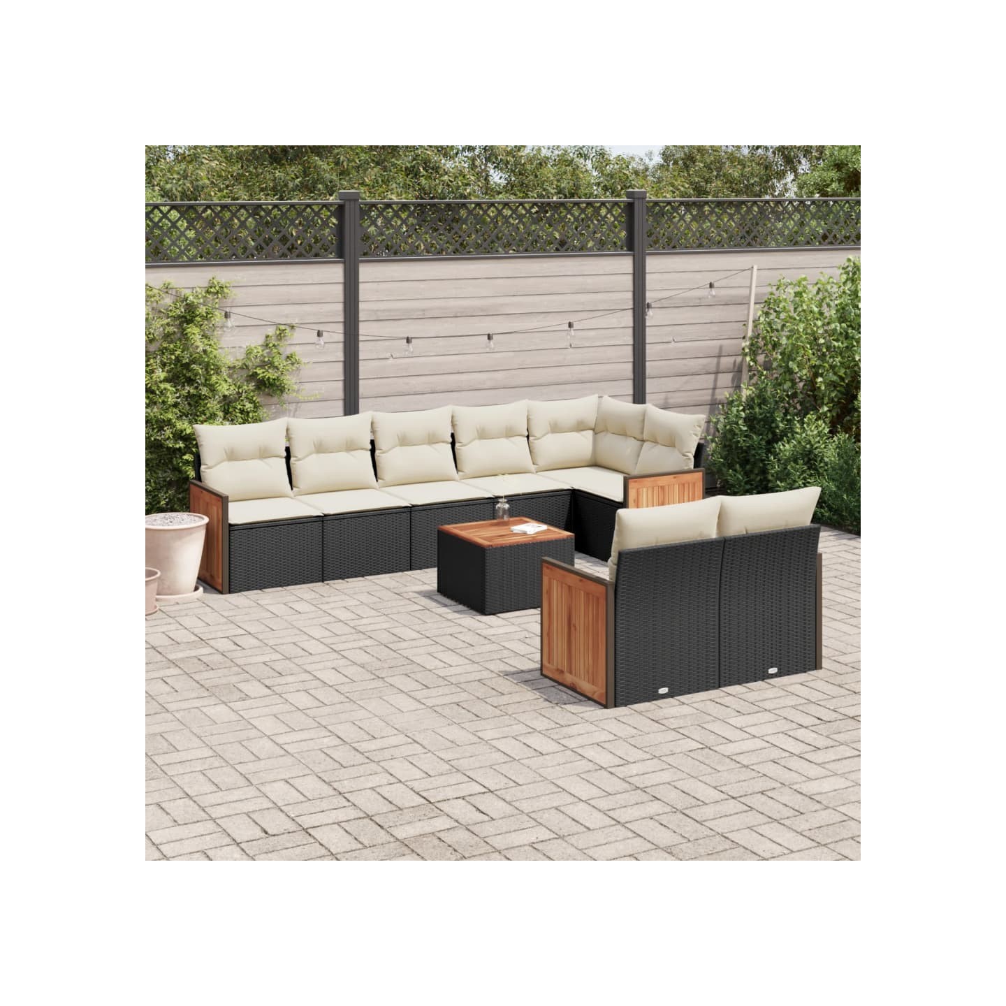 Salon de jardin 9 pcs avec coussins noir résine tressée