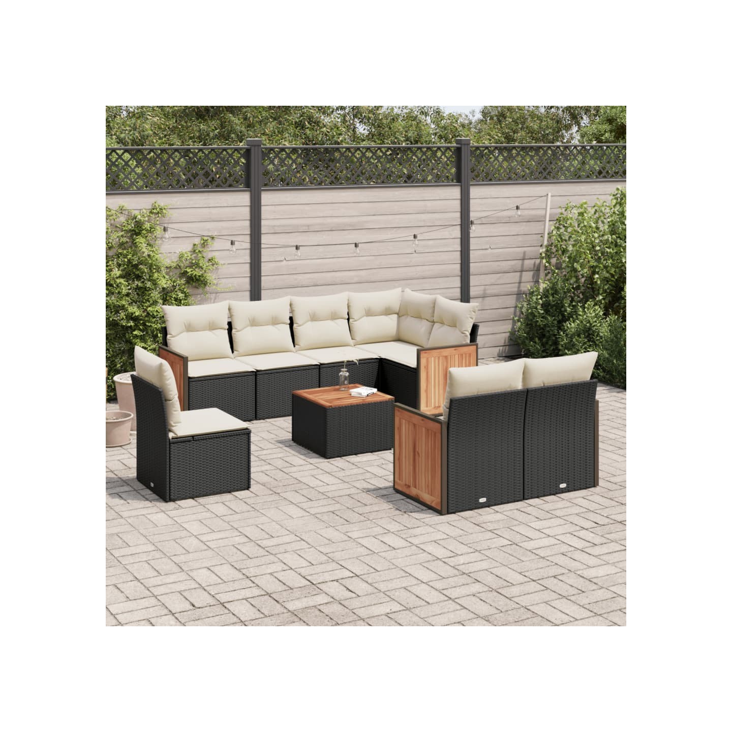Salon de jardin 9 pcs avec coussins noir résine tressée