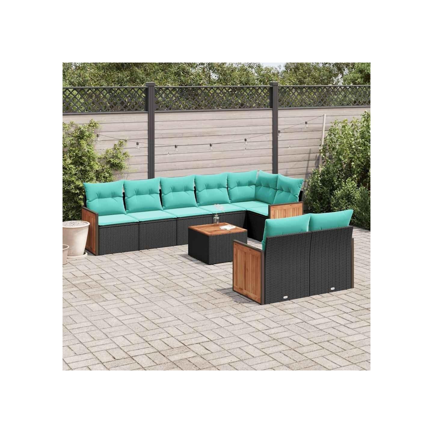 Ensemble de canapé de jardin 9 pcs avec coussins noir résine tressée