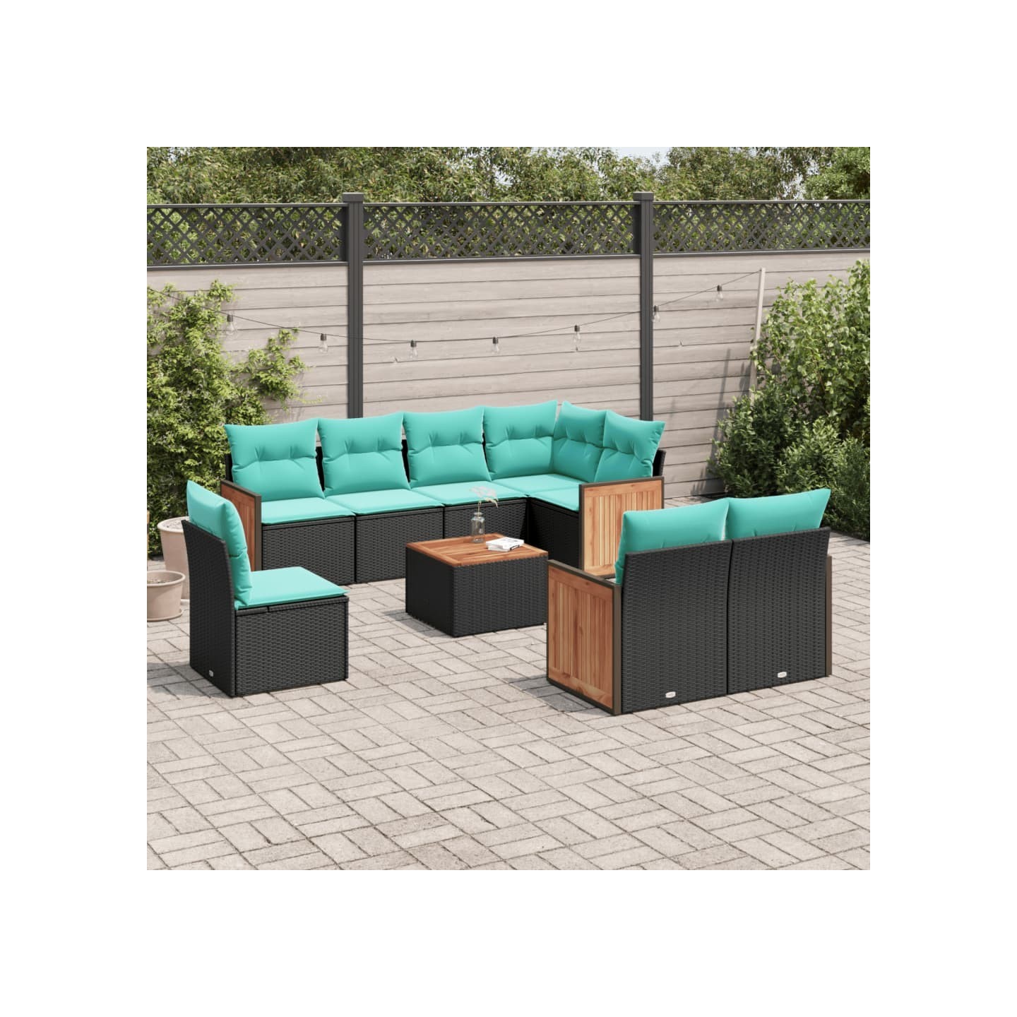 Ensemble de canapé de jardin 9 pcs avec coussins noir résine tressée