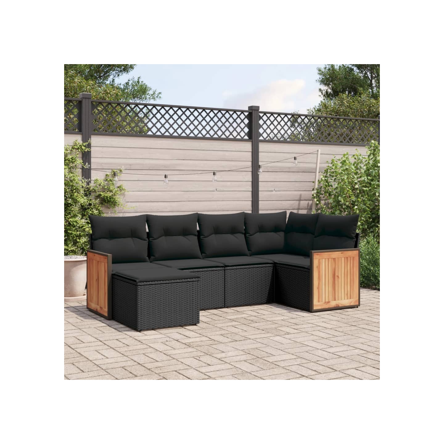Salon de jardin 6 pcs avec coussins noir résine tressée