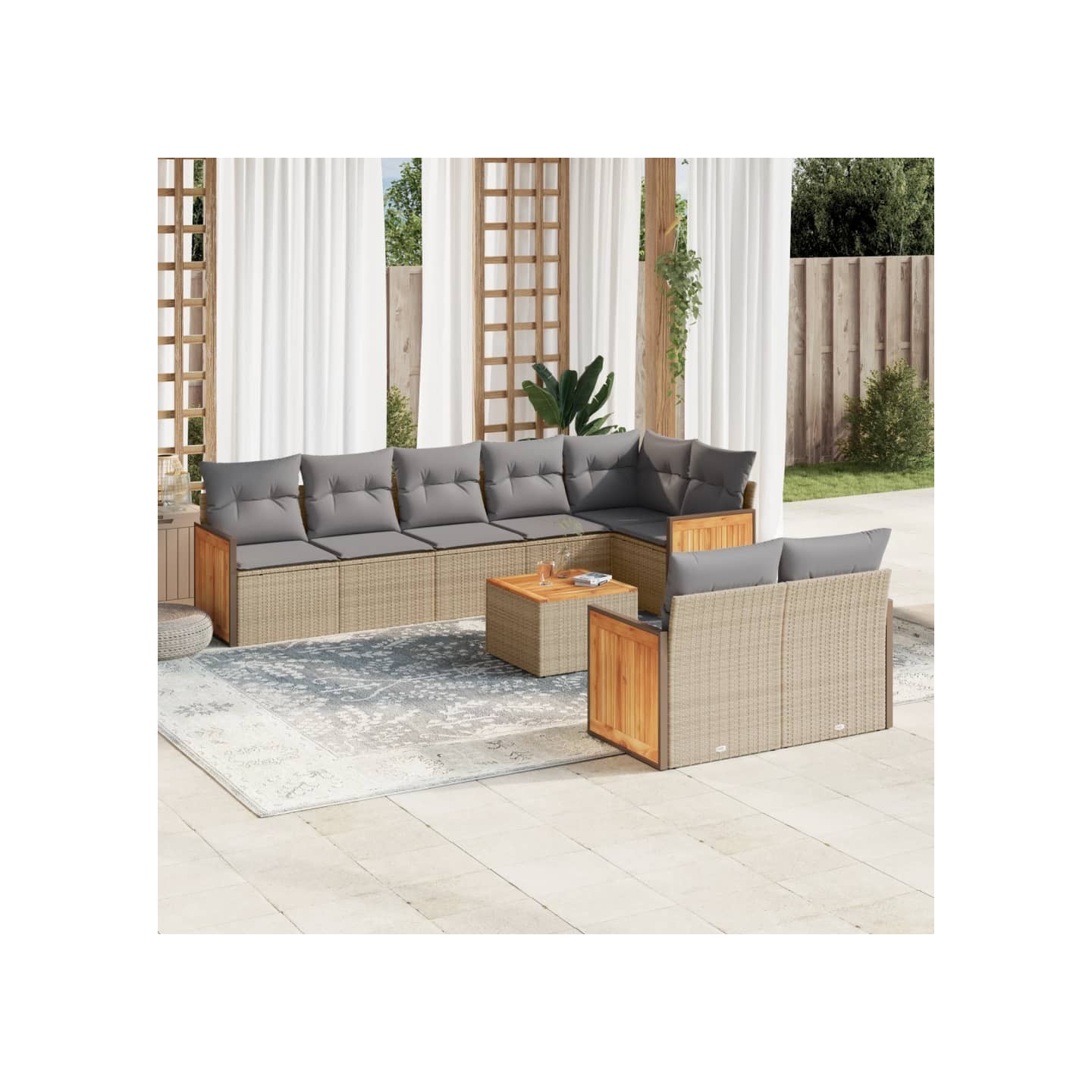 Salon de jardin avec coussins 9 pcs beige résine tressée