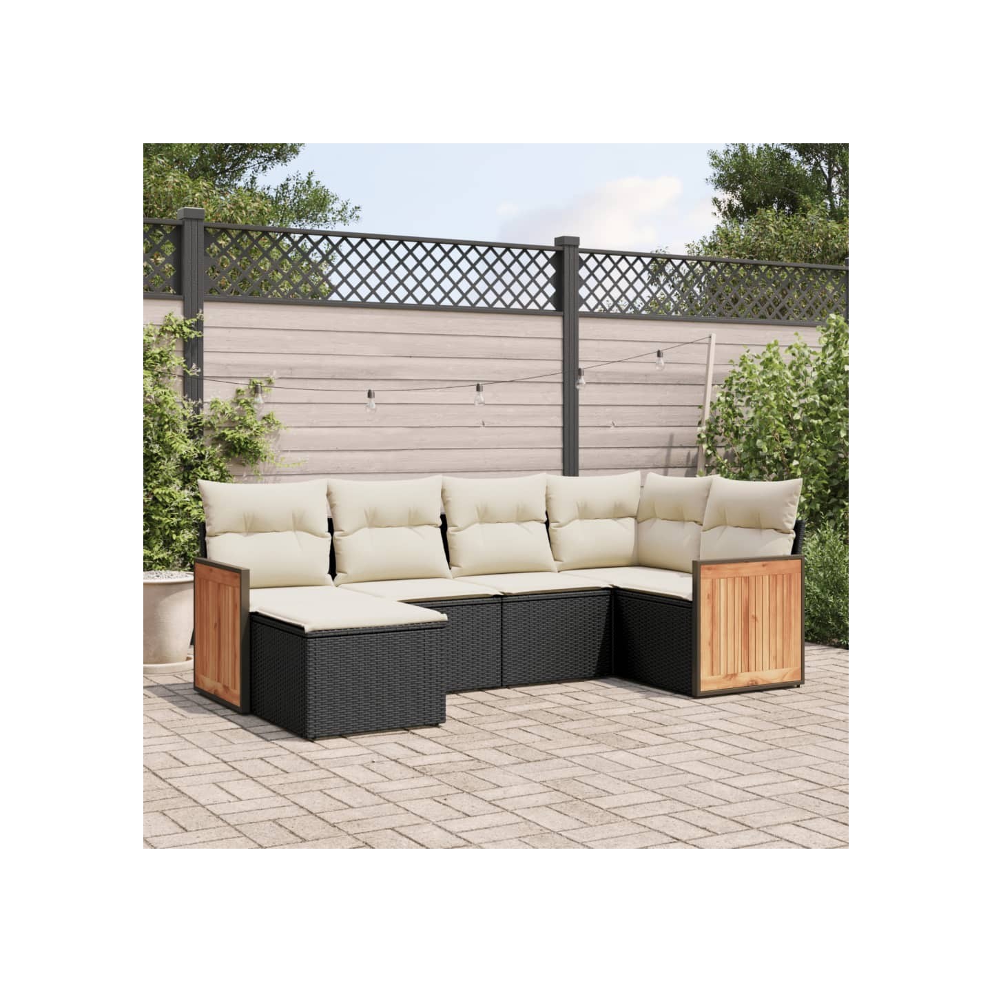 Salon de jardin 6 pcs avec coussins noir résine tressée