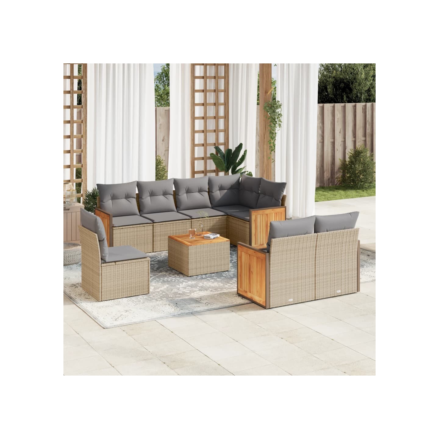 Salon de jardin avec coussins 9 pcs beige résine tressée