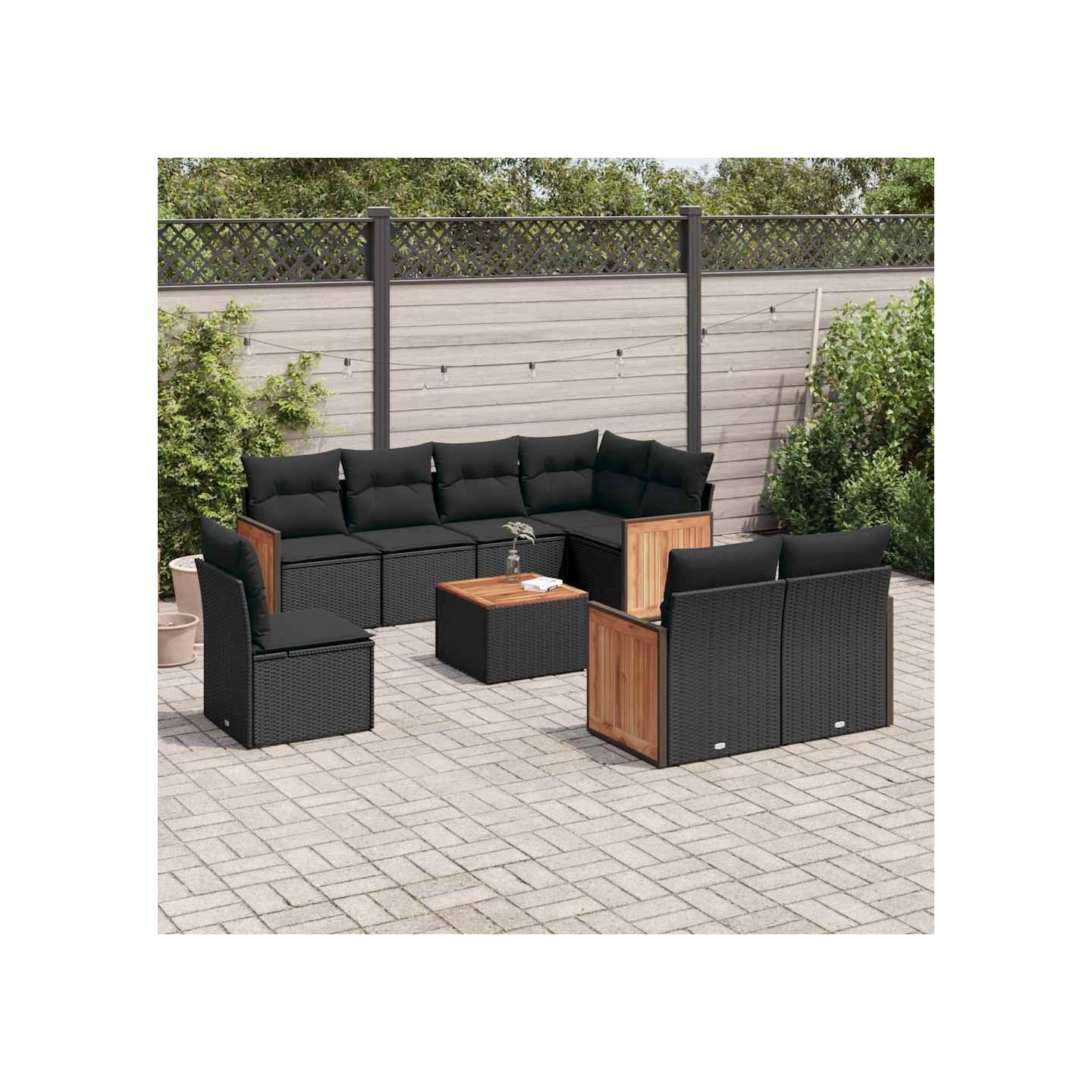 Salon de jardin 9 pcs avec coussins noir résine tressée