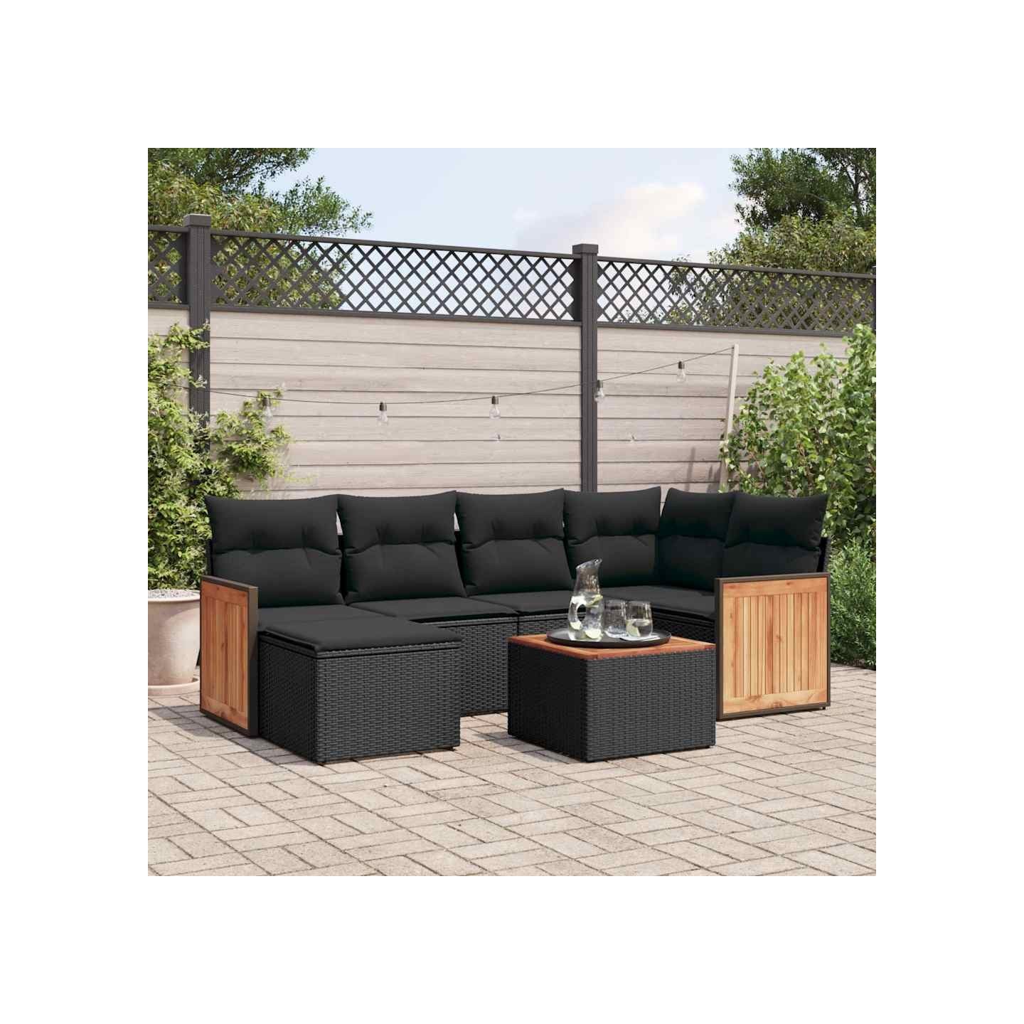 Salon de jardin 7 pcs avec coussins noir résine tressée