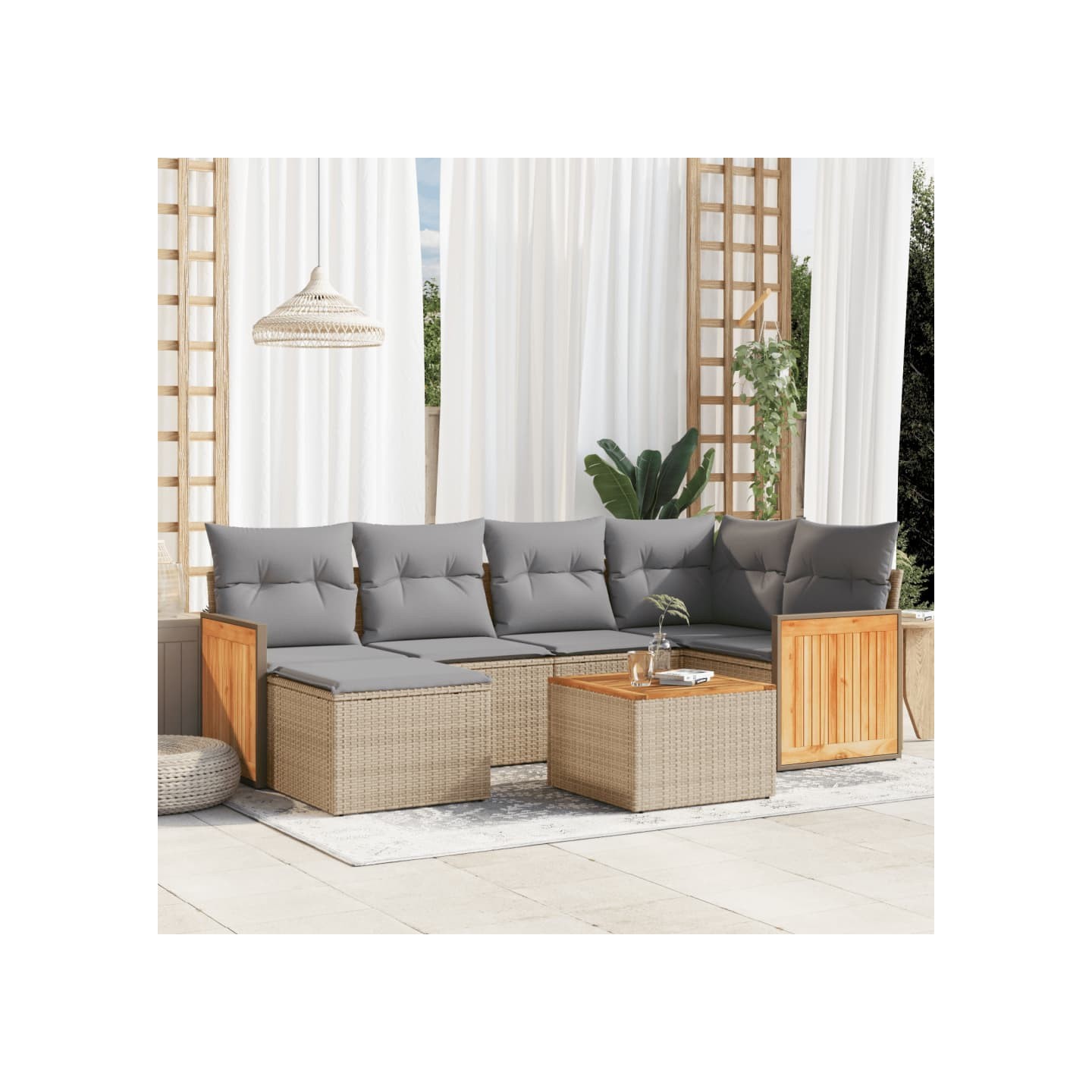 Salon de jardin avec coussins 7 pcs beige résine tressée