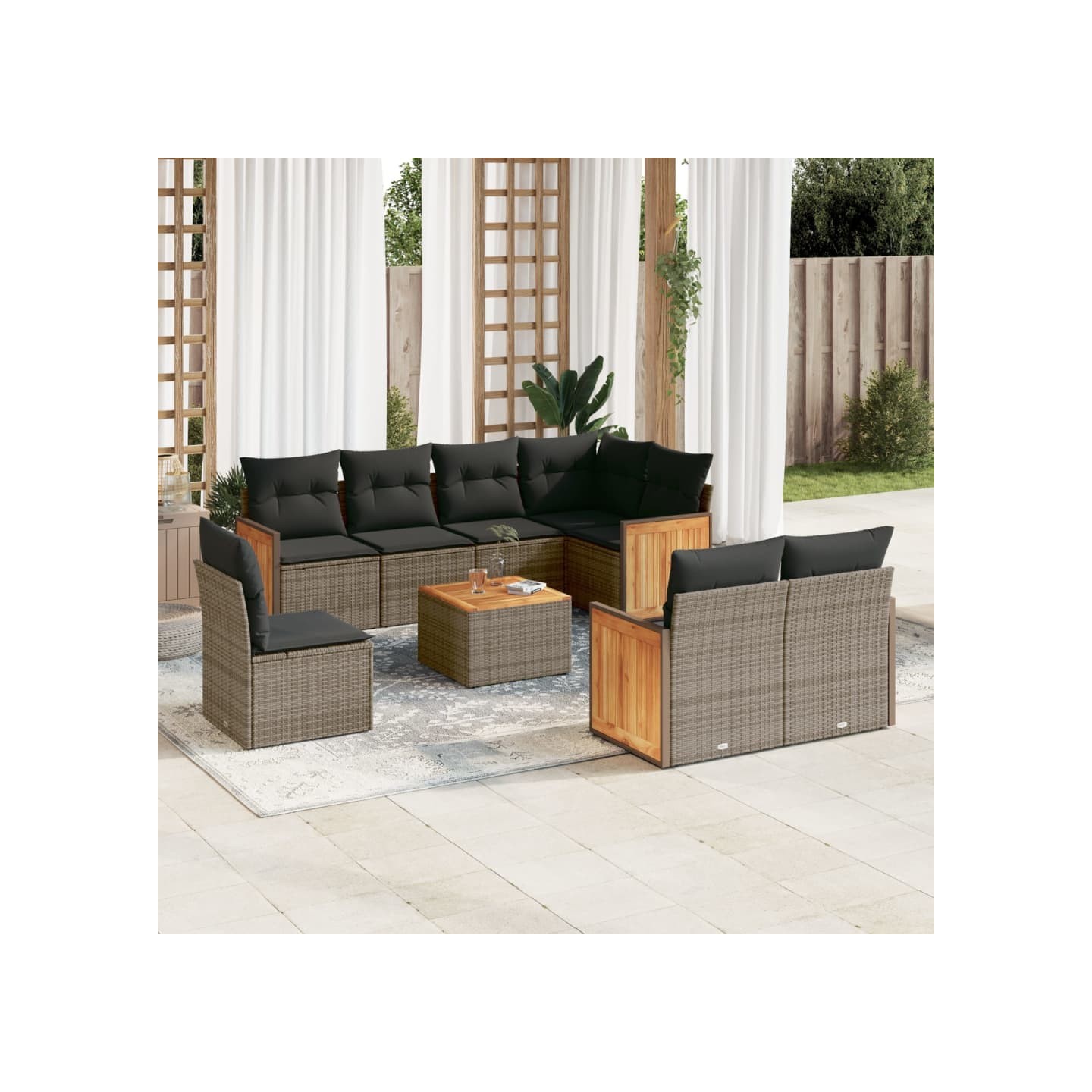 Salon de jardin 9 pcs avec coussins gris résine tressée