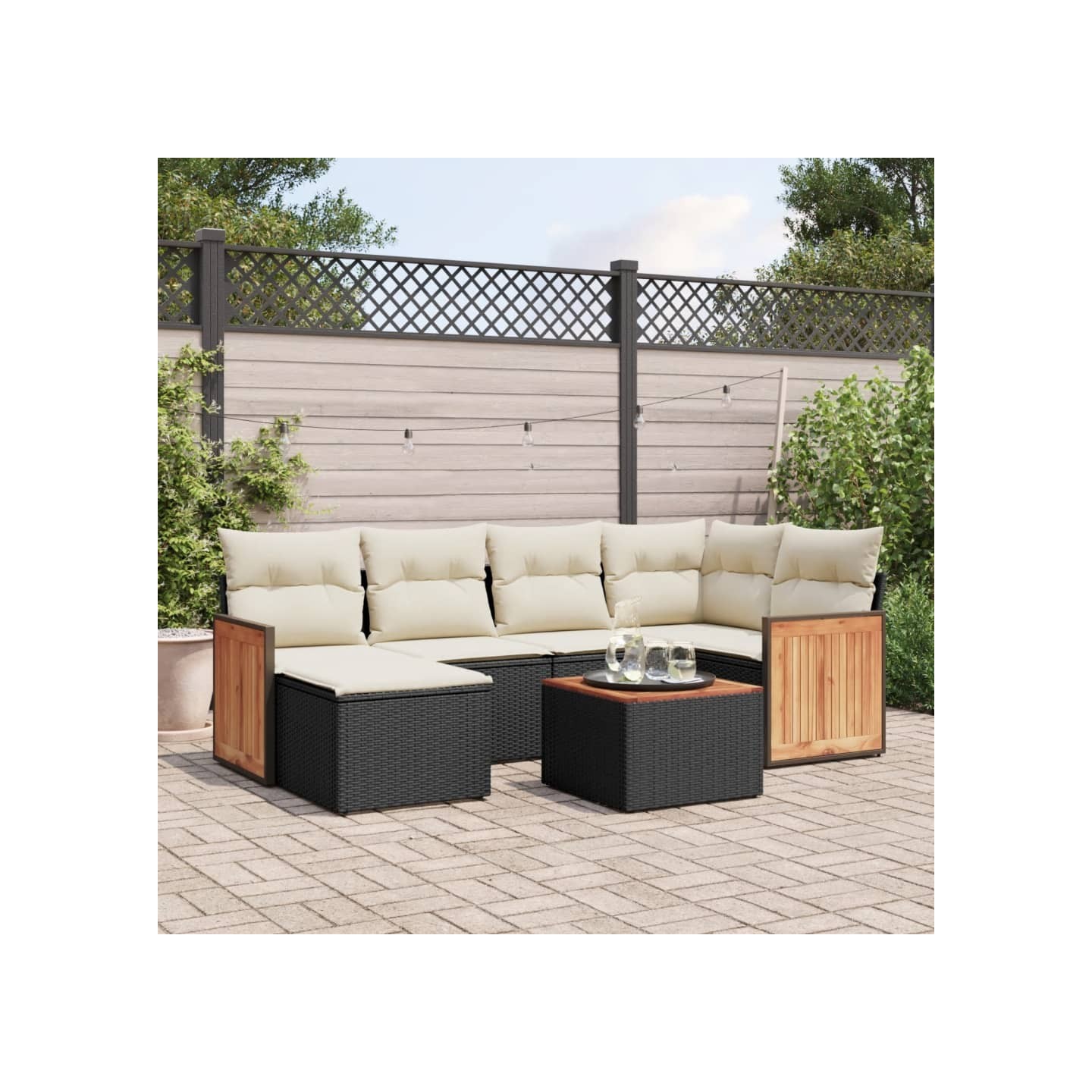 Salon de jardin 7 pcs avec coussins noir résine tressée