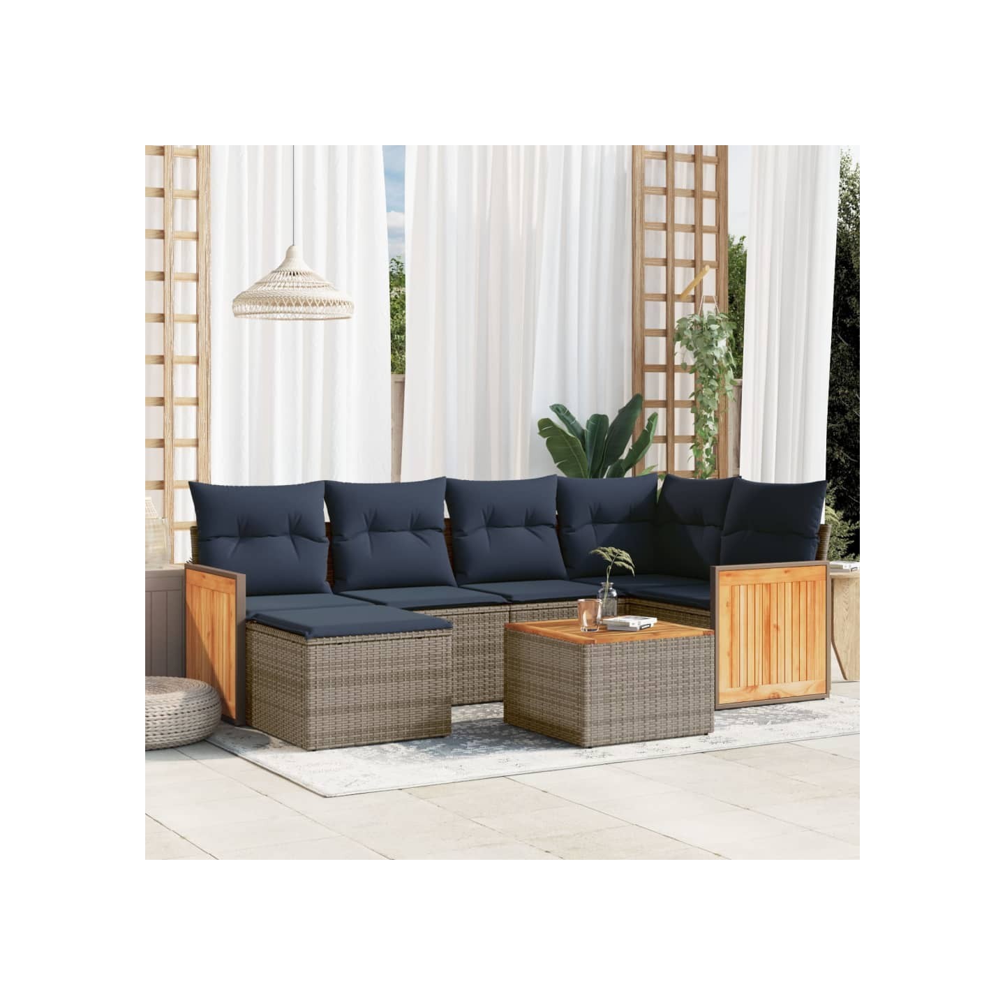 Ensemble de canapé de jardin 7 pcs avec coussins gris résine tressée