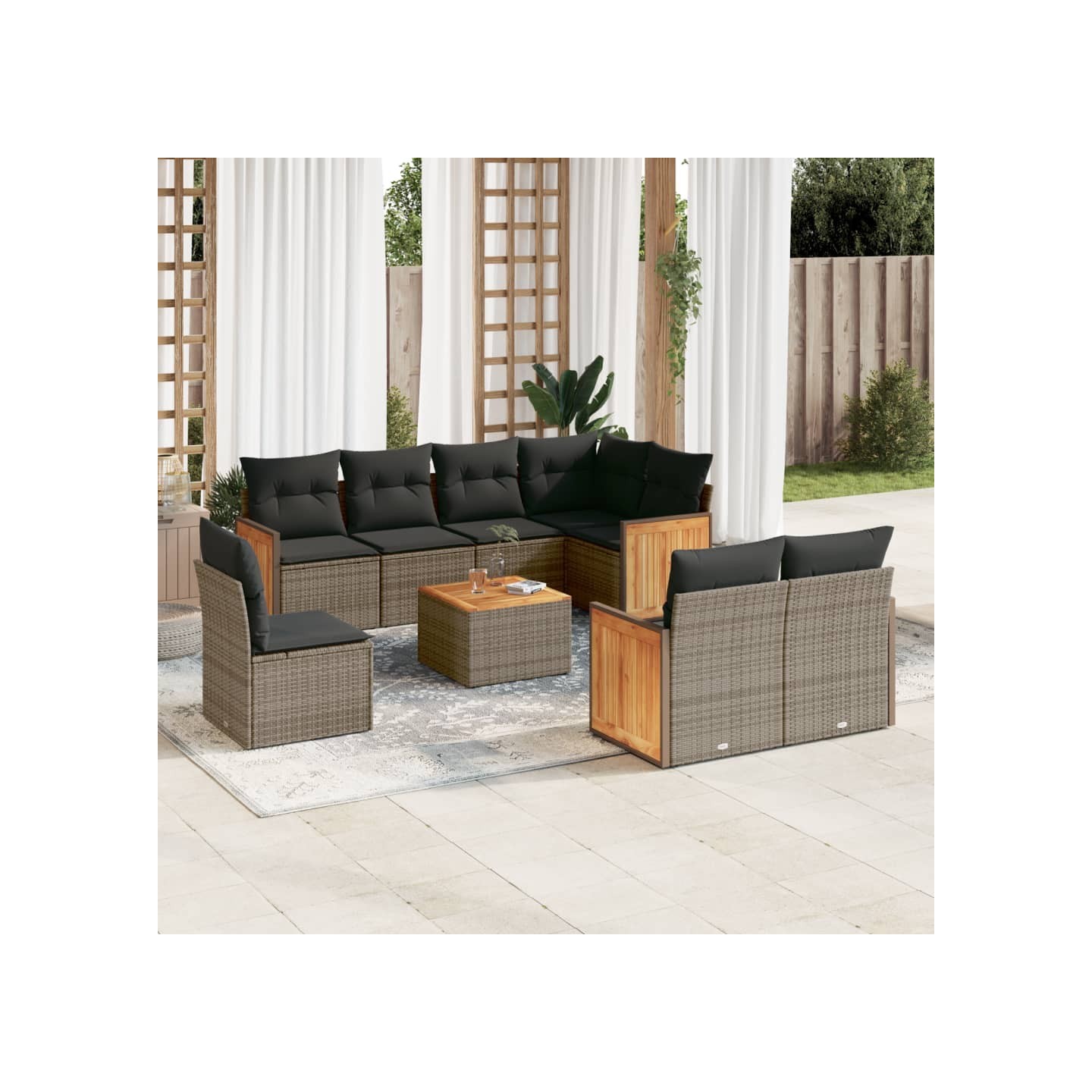 Ensemble de canapé de jardin 9 pcs avec coussins gris résine tressée