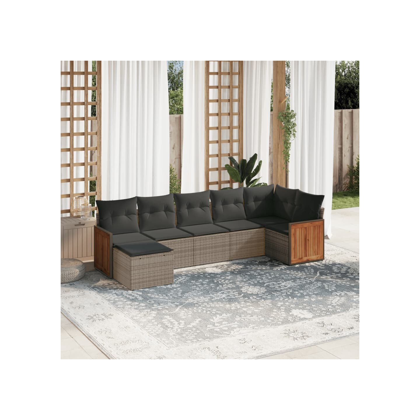 Salon de jardin avec coussins 7 pcs gris résine tressée