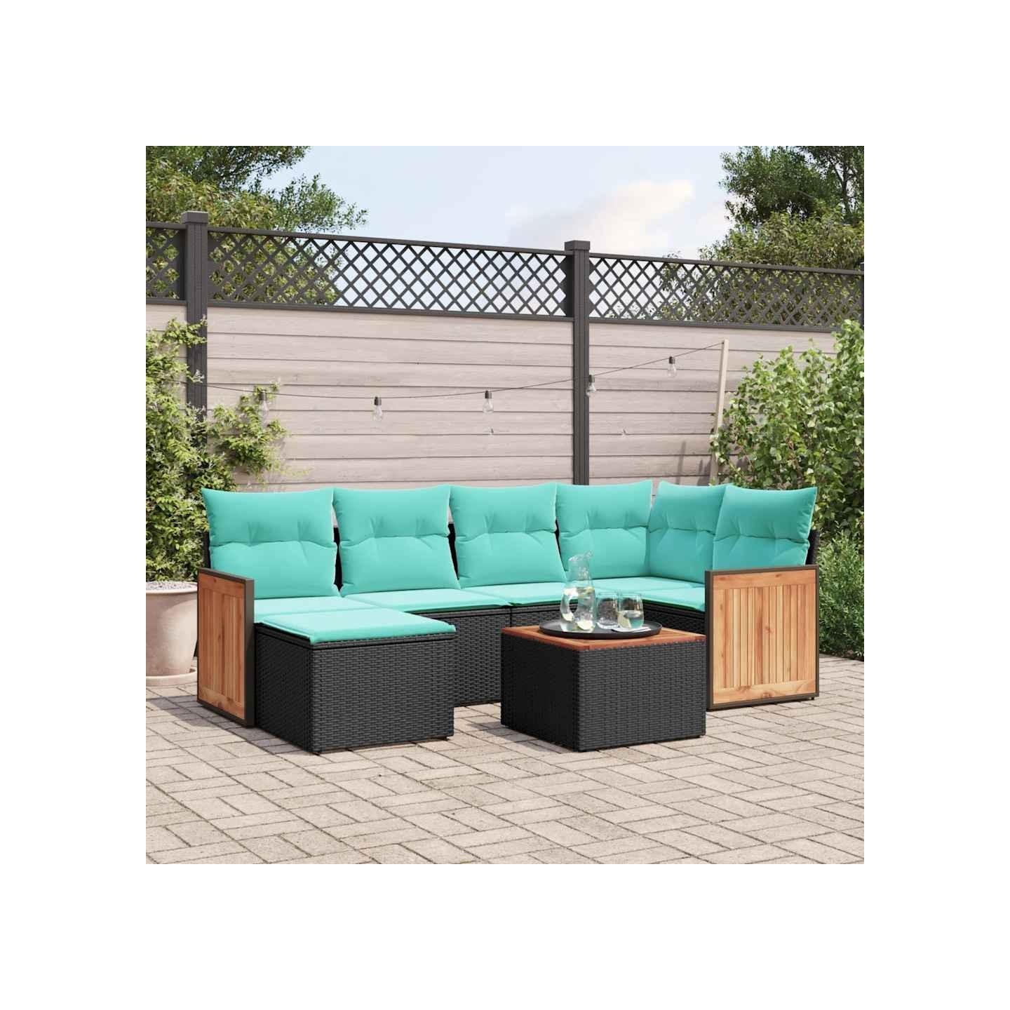 Ensemble de canapé de jardin 7 pcs avec coussins noir résine tressée