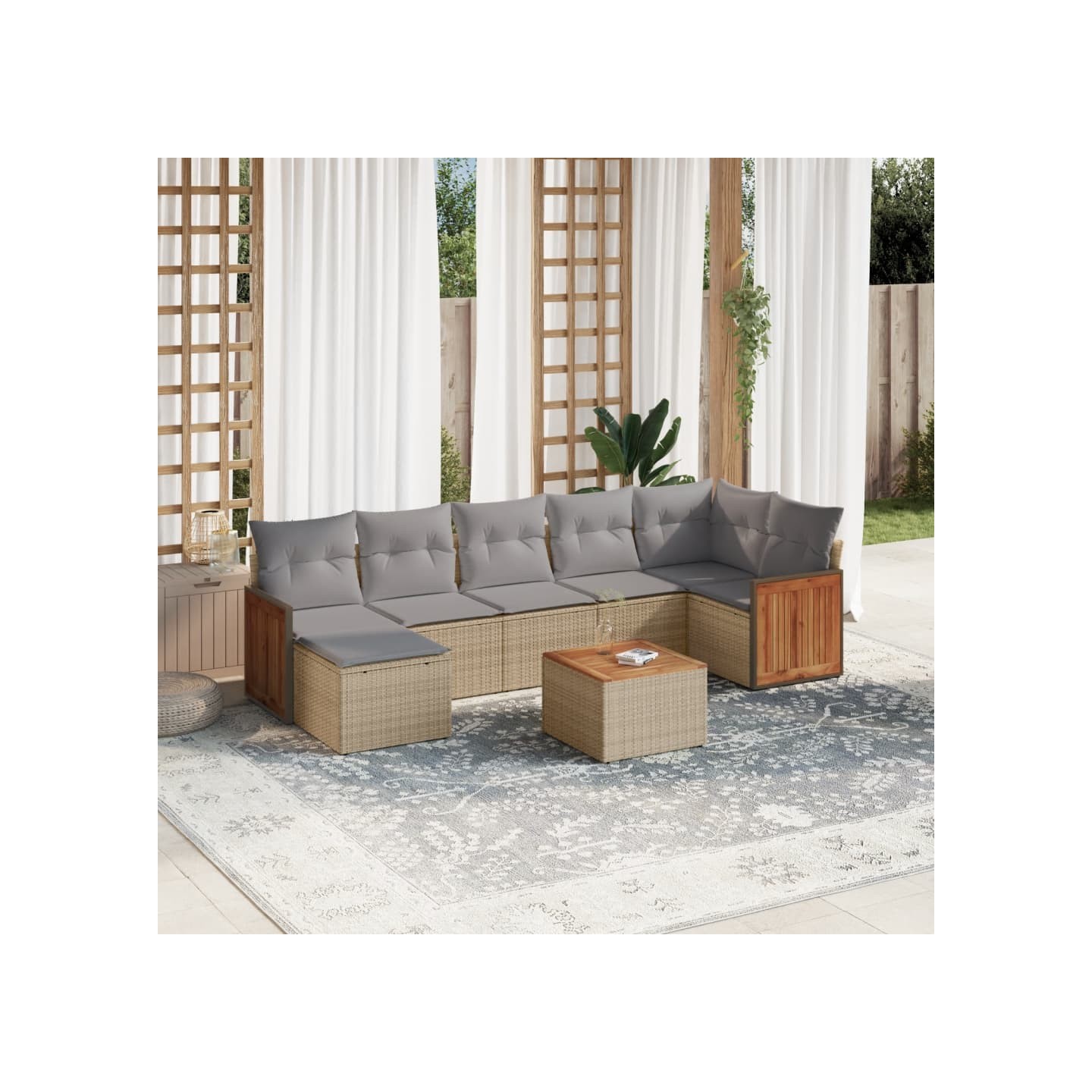 Salon de jardin avec coussins 8 pcs beige résine tressée