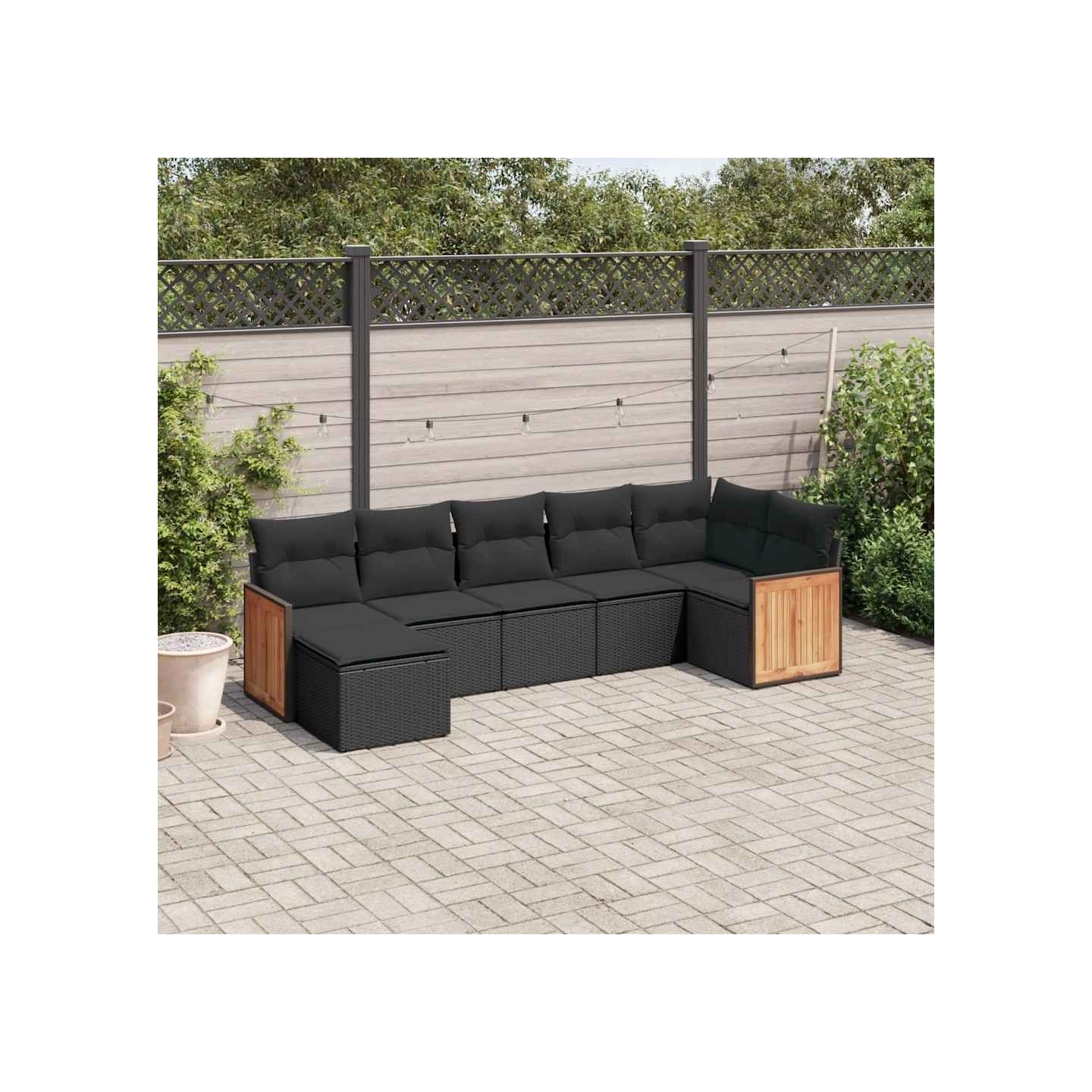 Salon de jardin 7 pcs avec coussins noir résine tressée
