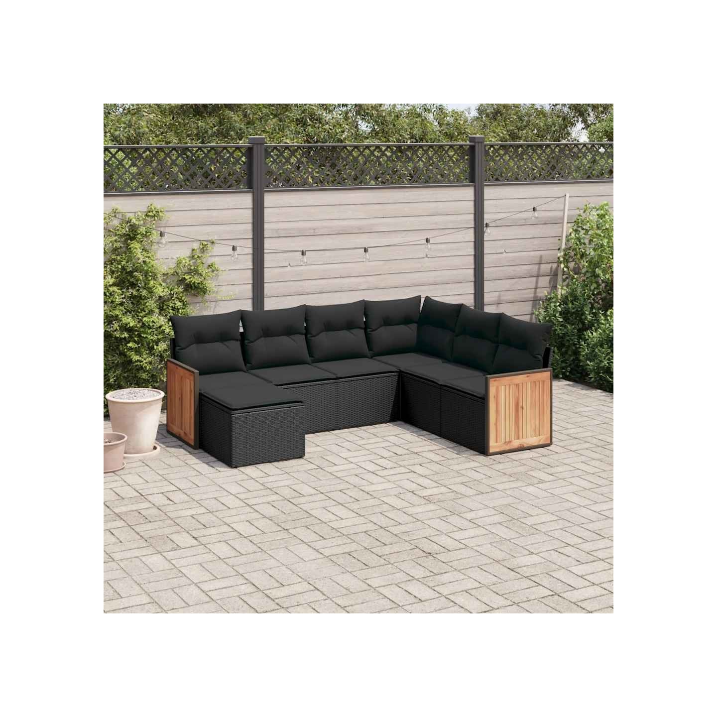 Salon de jardin 7 pcs avec coussins noir résine tressée