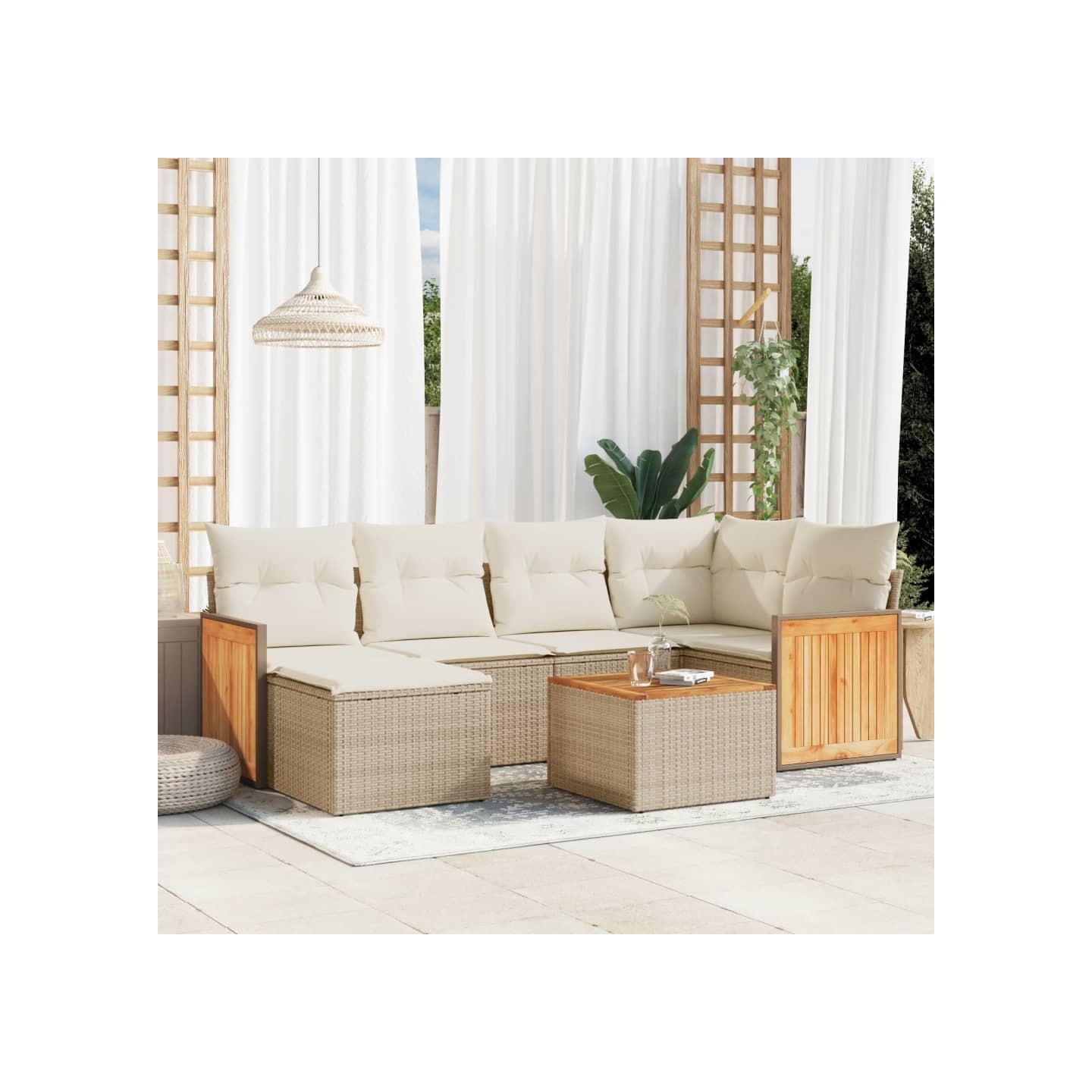 Salon de jardin avec coussins 7 pcs beige résine tressée