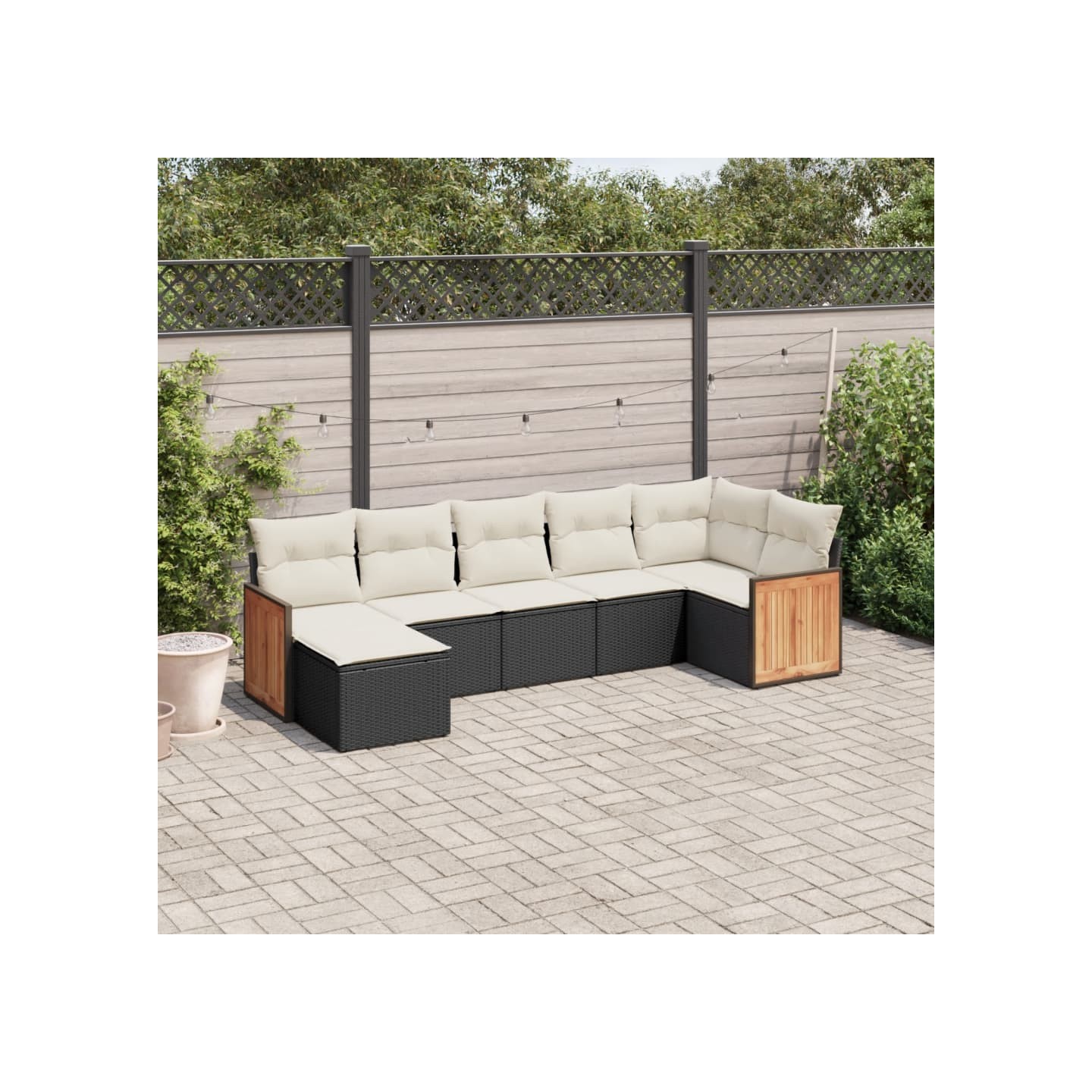 Salon de jardin 7 pcs avec coussins noir résine tressée