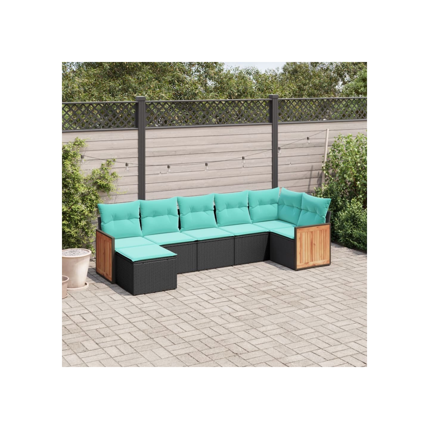 Salon de jardin 7 pcs avec coussins noir résine tressée