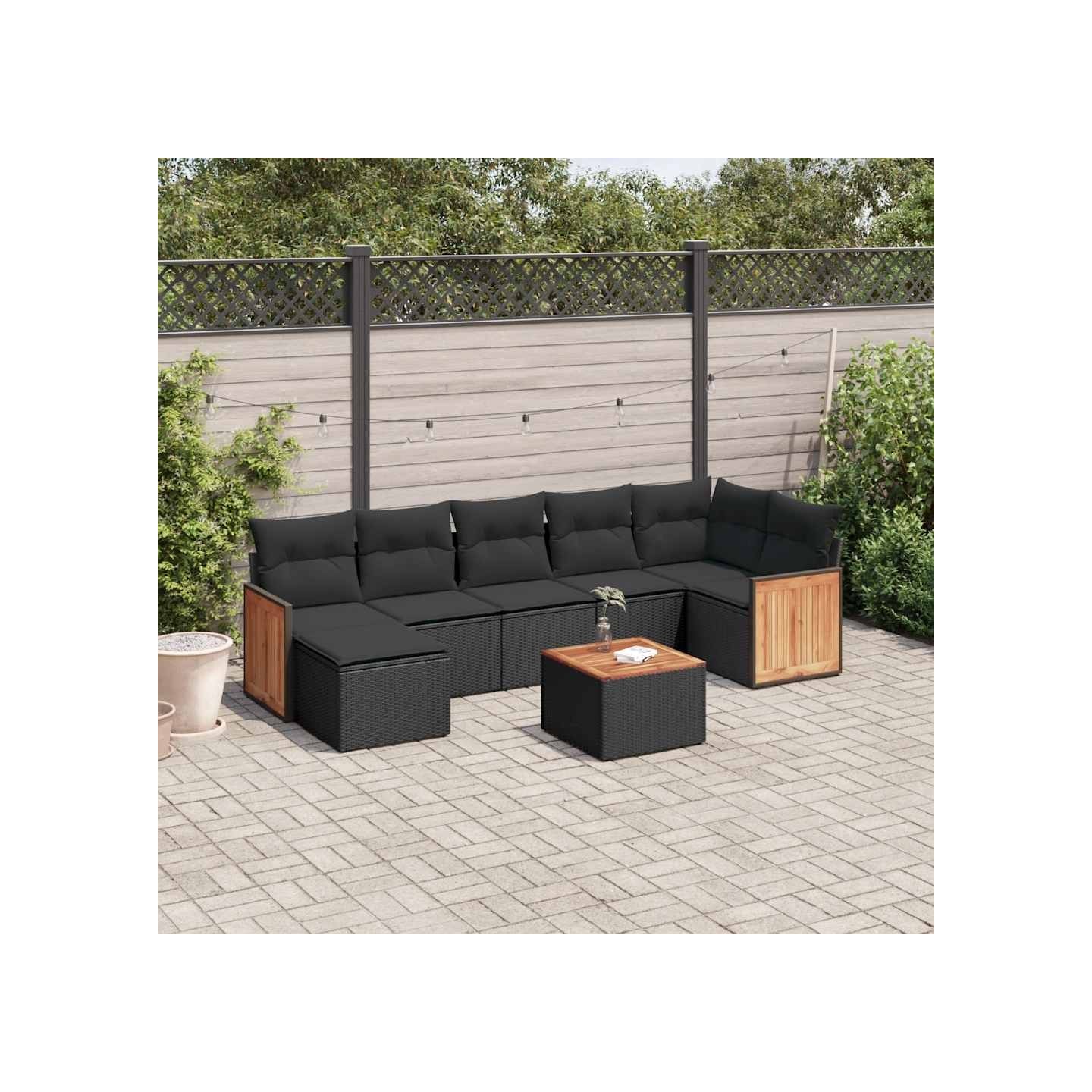 Salon de jardin 8 pcs avec coussins noir résine tressée