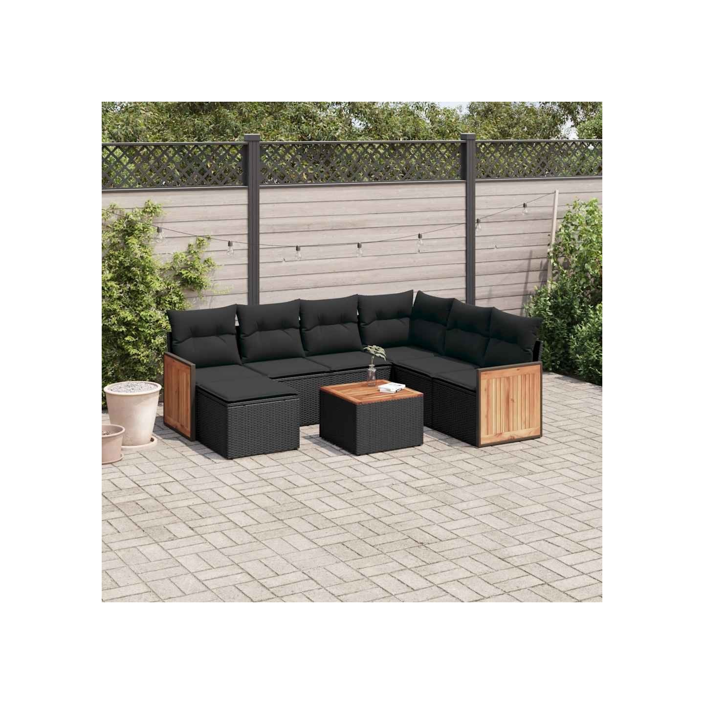 Salon de jardin 8 pcs avec coussins noir résine tressée