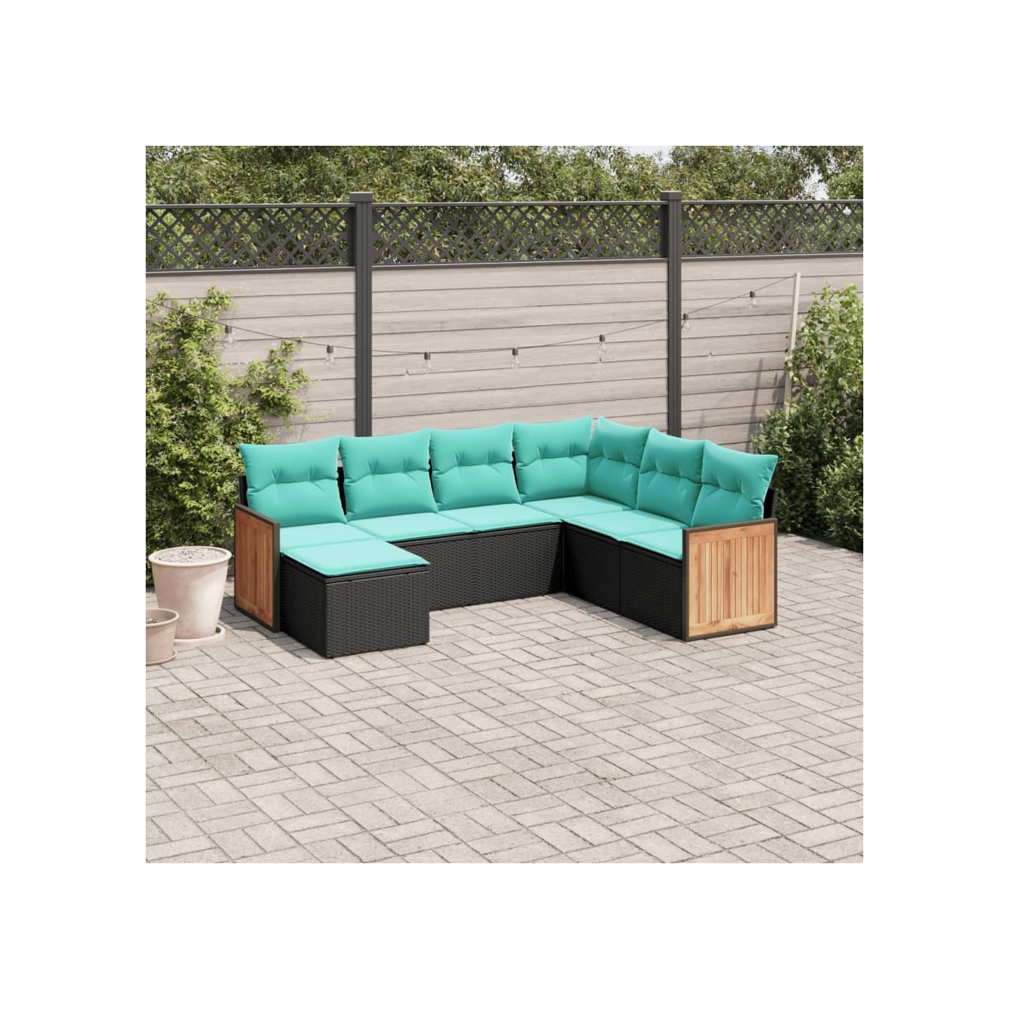Salon de jardin 7 pcs avec coussins noir résine tressée