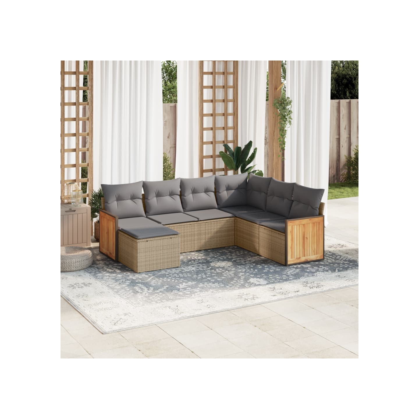 Salon de jardin avec coussins 7 pcs beige résine tressée