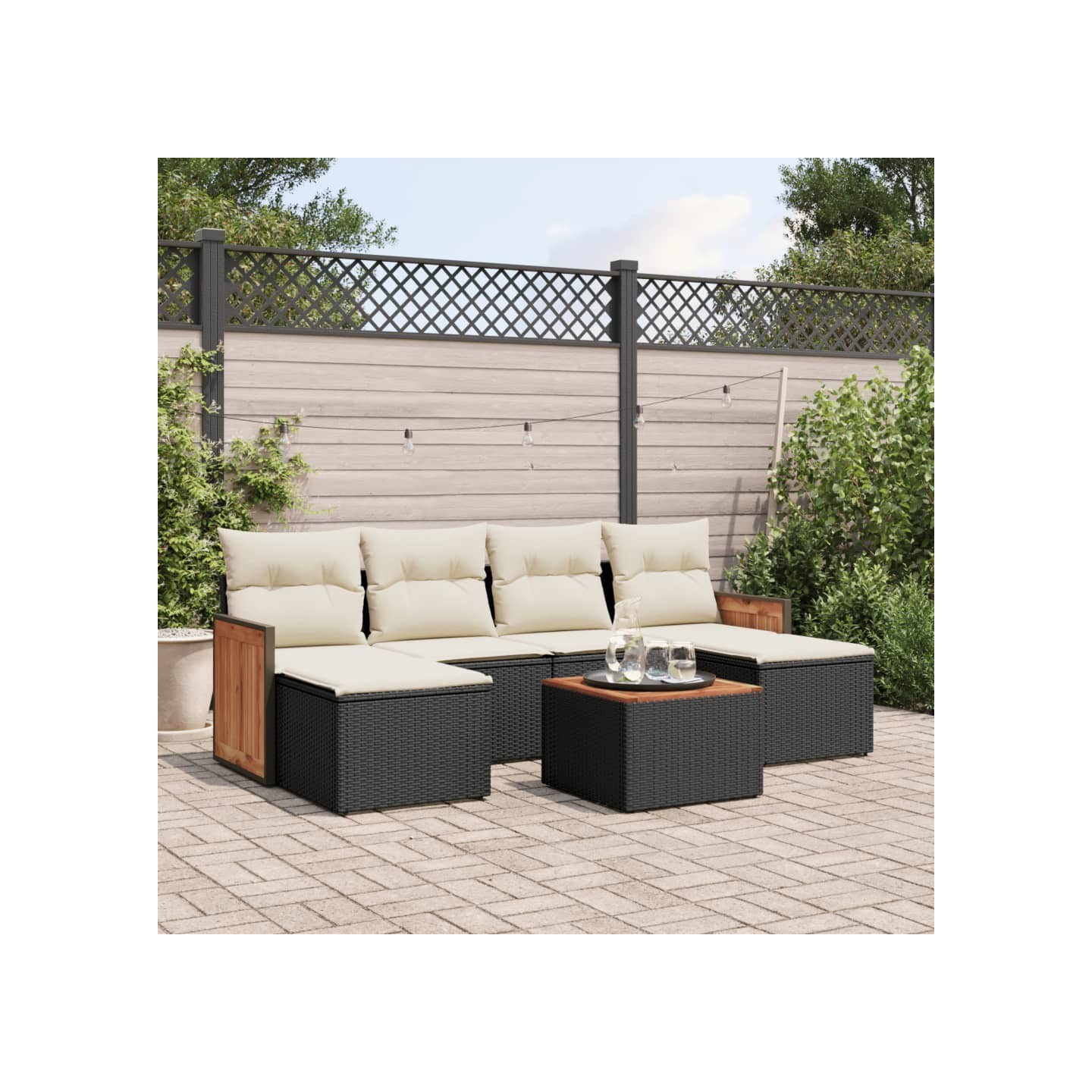 Salon de jardin 7 pcs avec coussins noir résine tressée