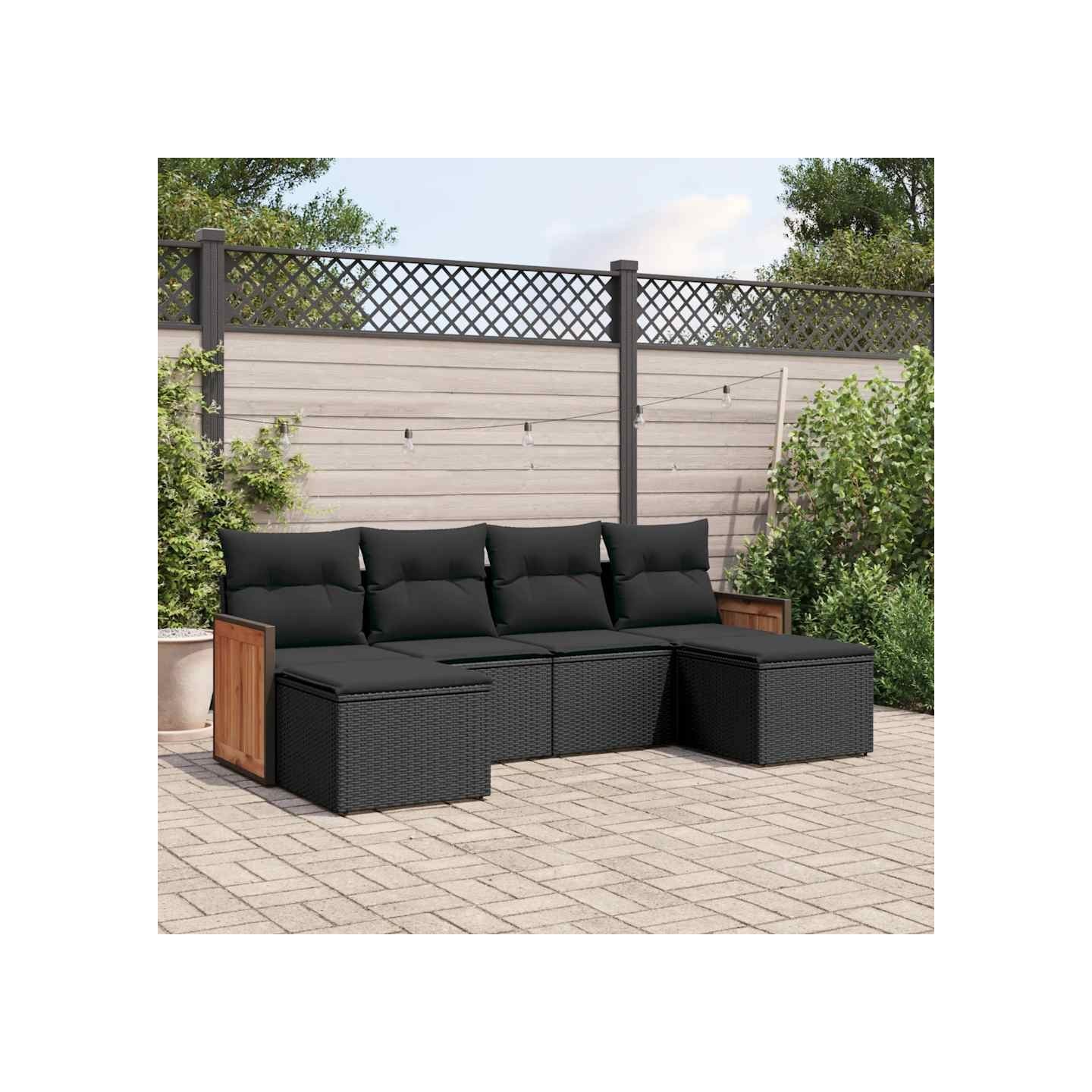 Salon de jardin 6 pcs avec coussins noir résine tressée
