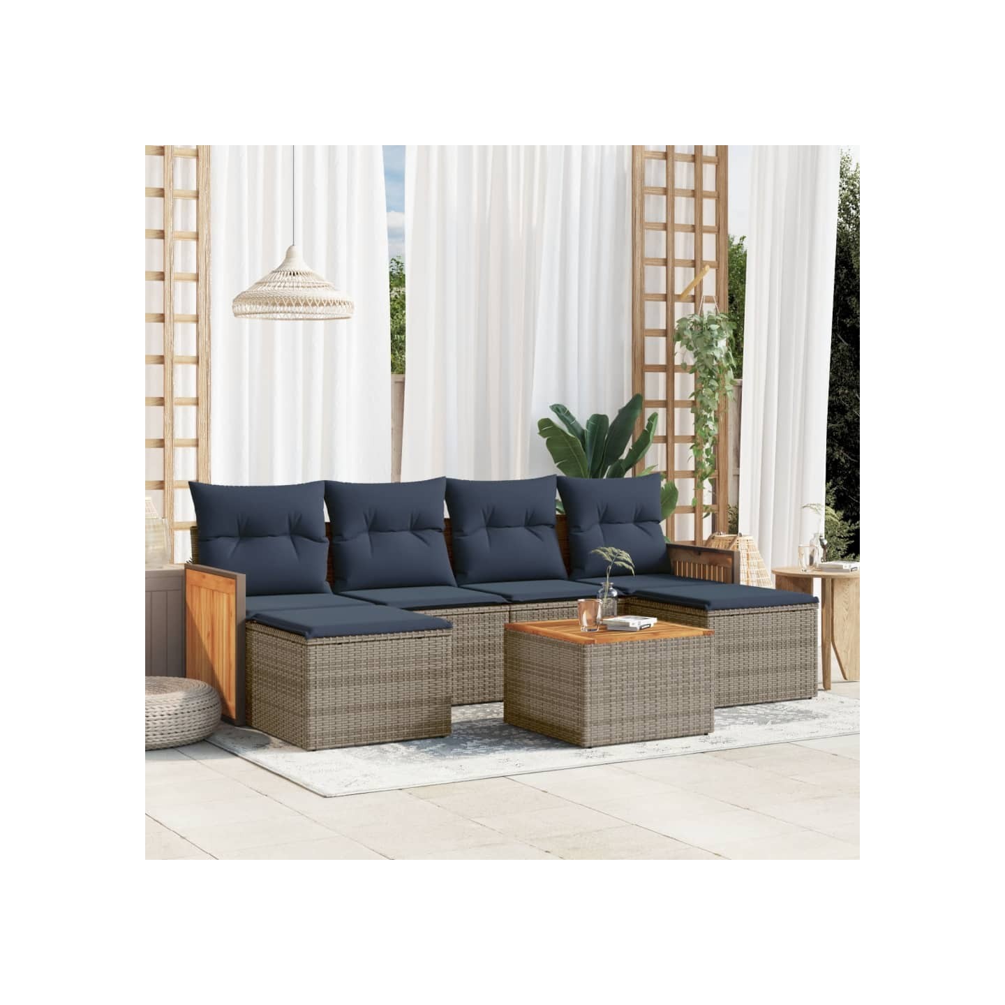 Ensemble de canapé de jardin 7 pcs avec coussins gris résine tressée