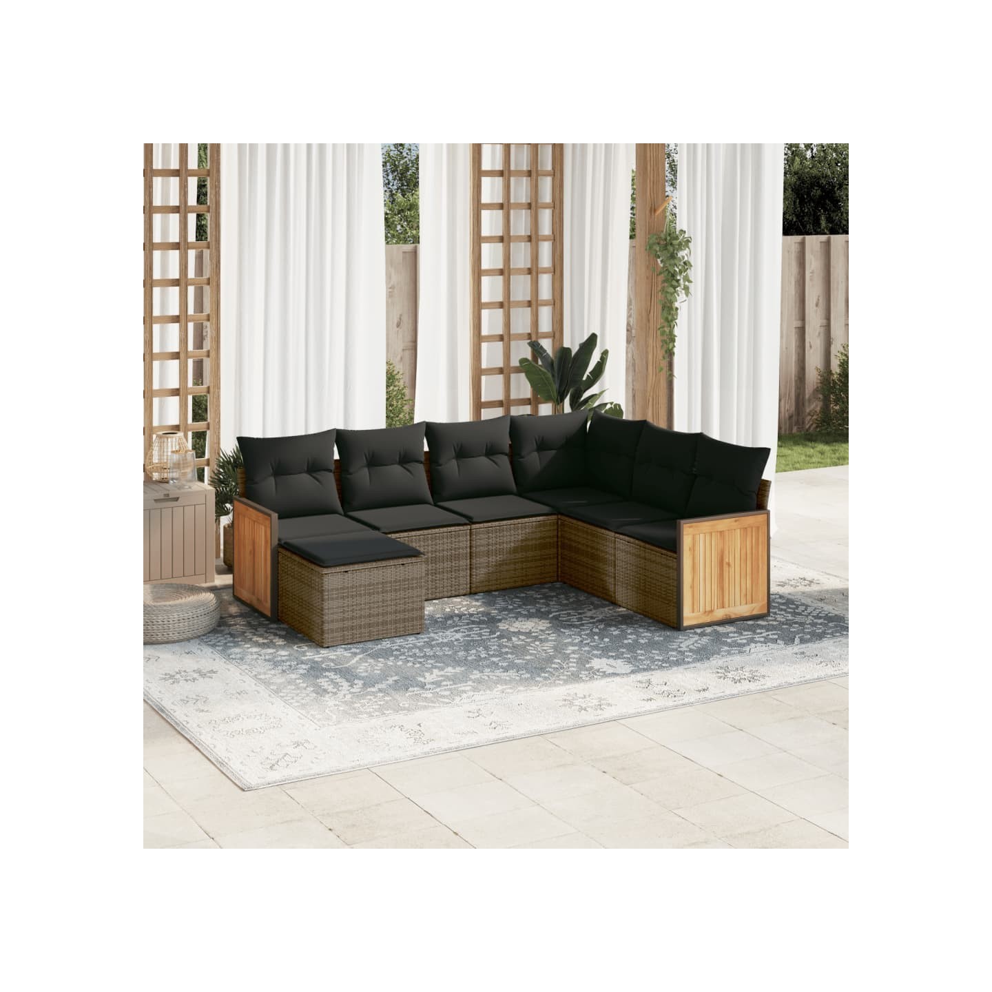 Salon de jardin avec coussins 7 pcs gris résine tressée