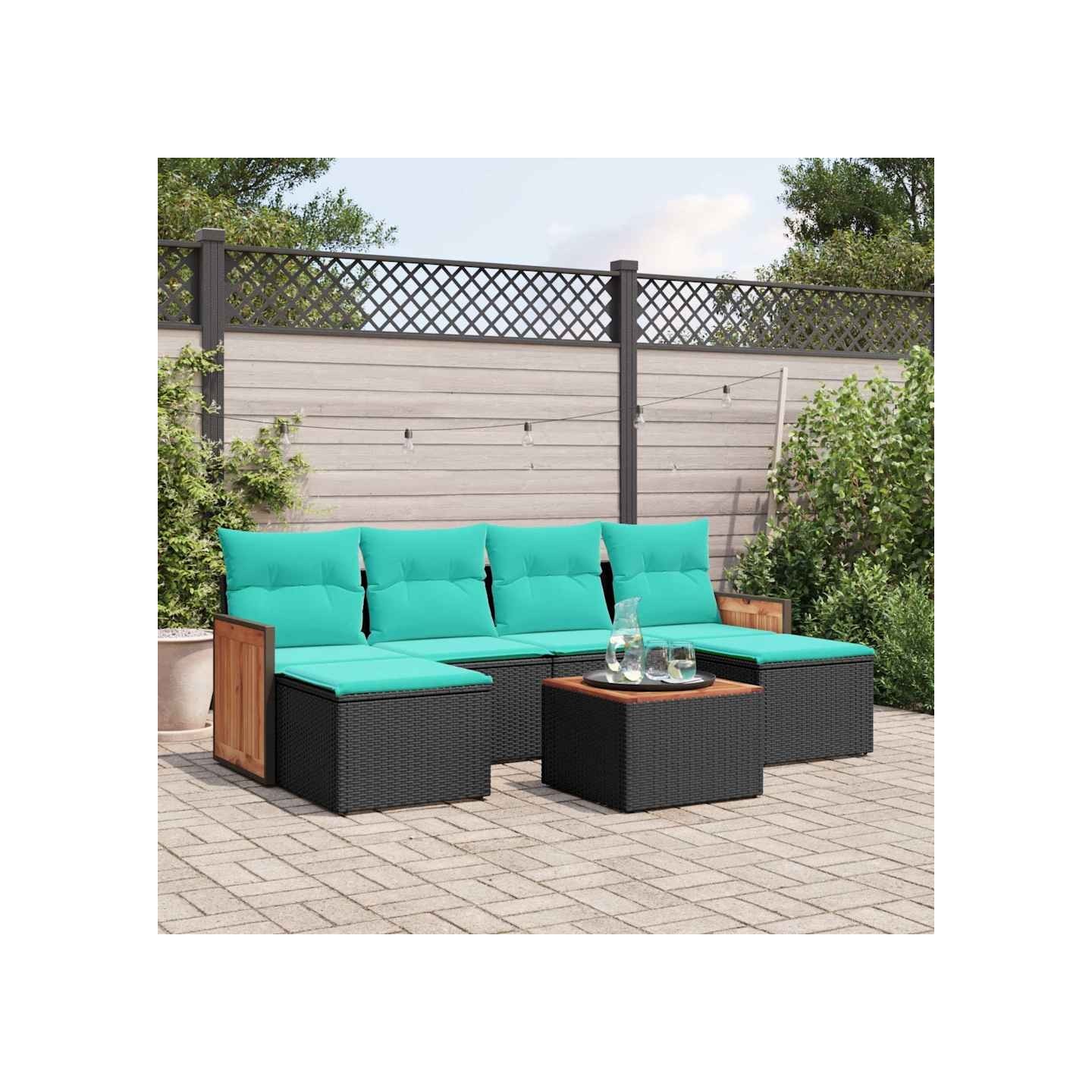Ensemble de canapé de jardin 7 pcs avec coussins noir résine tressée