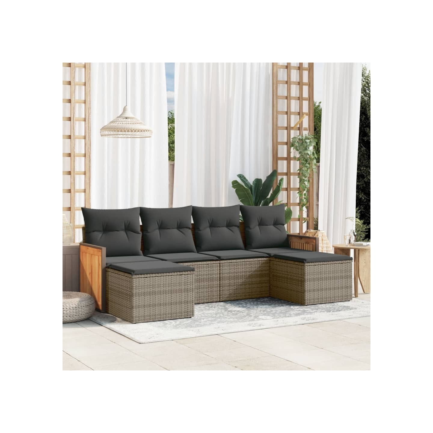 Salon de jardin 6 pcs avec coussins gris résine tressée