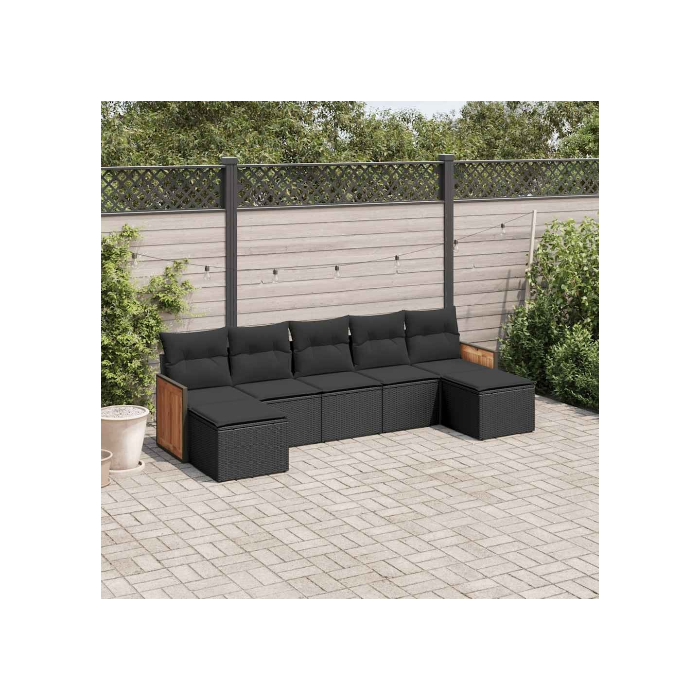 Salon de jardin 7 pcs avec coussins noir résine tressée