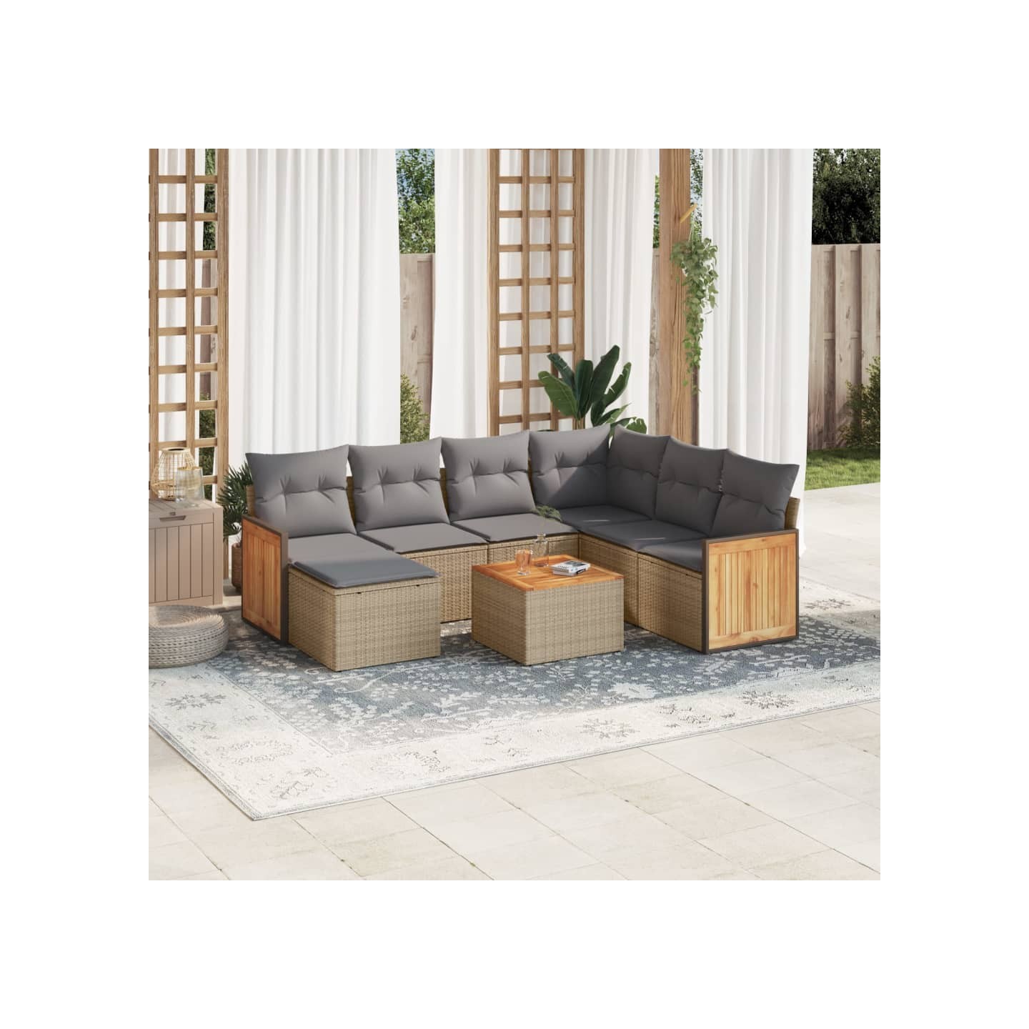 Salon de jardin avec coussins 8 pcs beige résine tressée