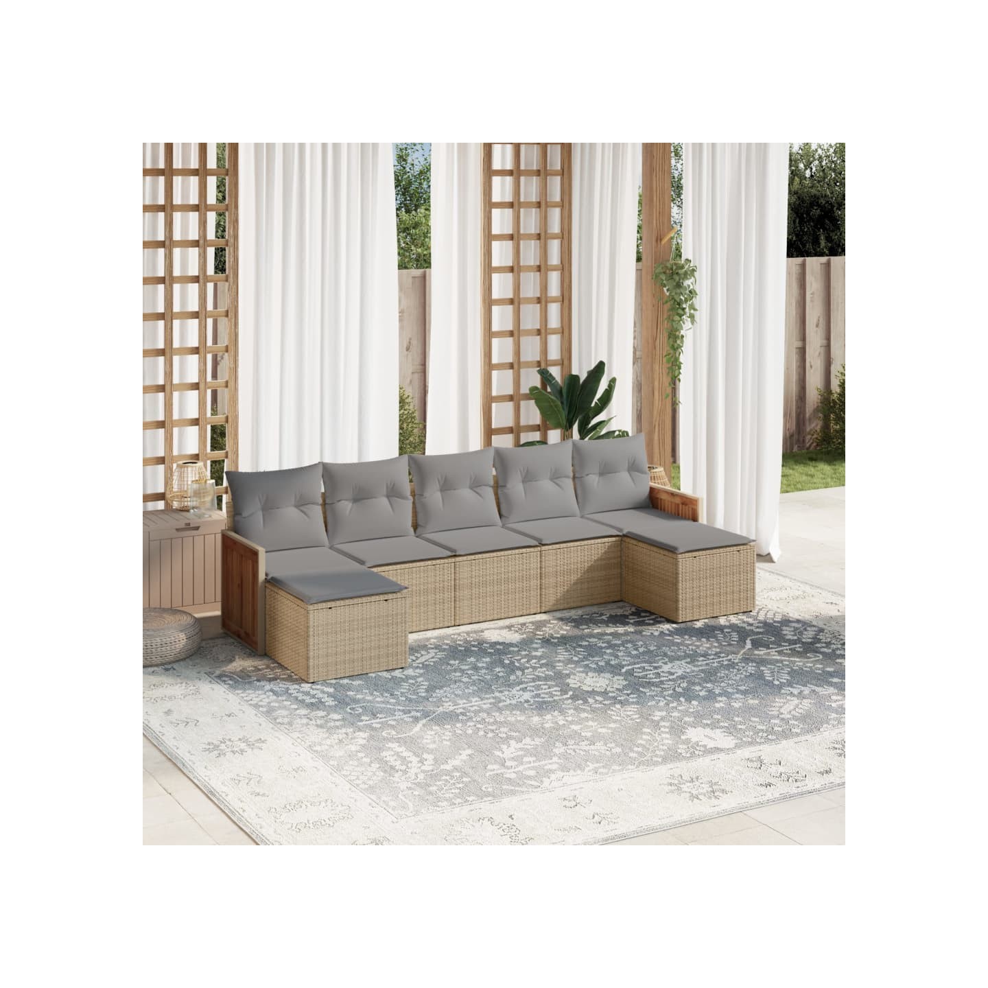 Salon de jardin avec coussins 7 pcs beige résine tressée