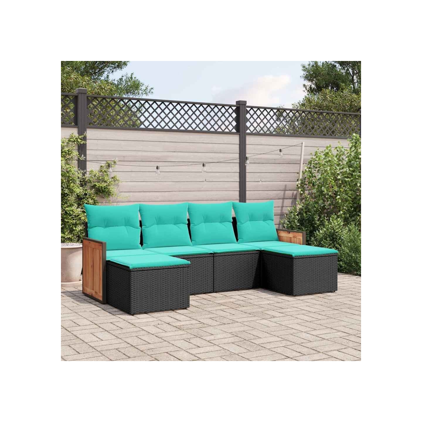 Salon de jardin 6 pcs avec coussins noir résine tressée