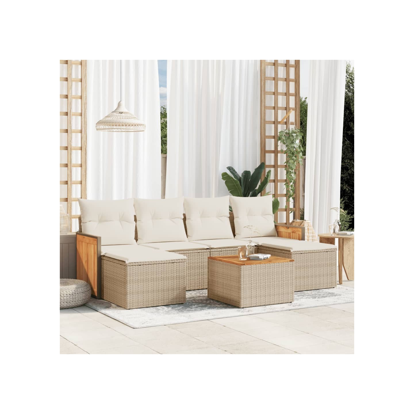 Salon de jardin avec coussins 7 pcs beige résine tressée