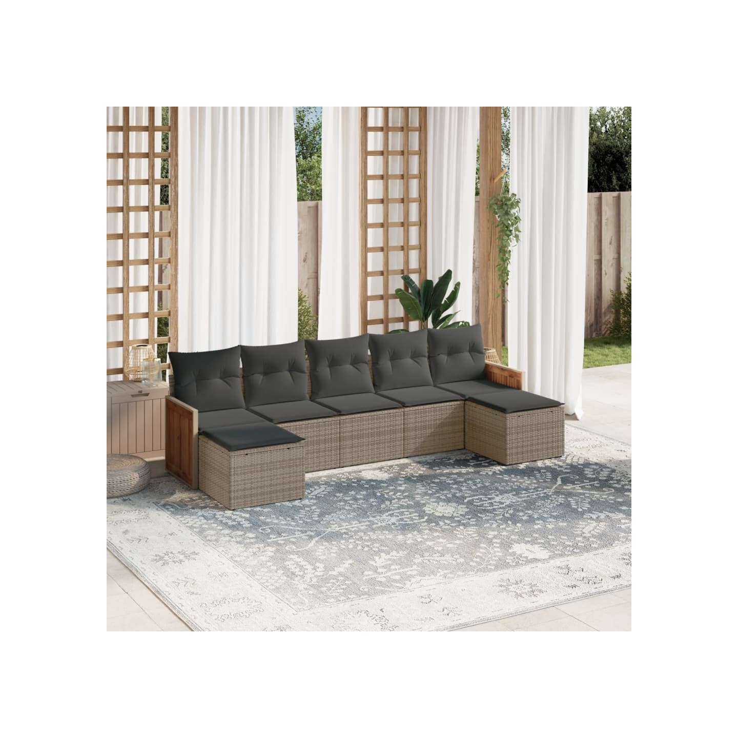 Salon de jardin avec coussins 7 pcs gris résine tressée