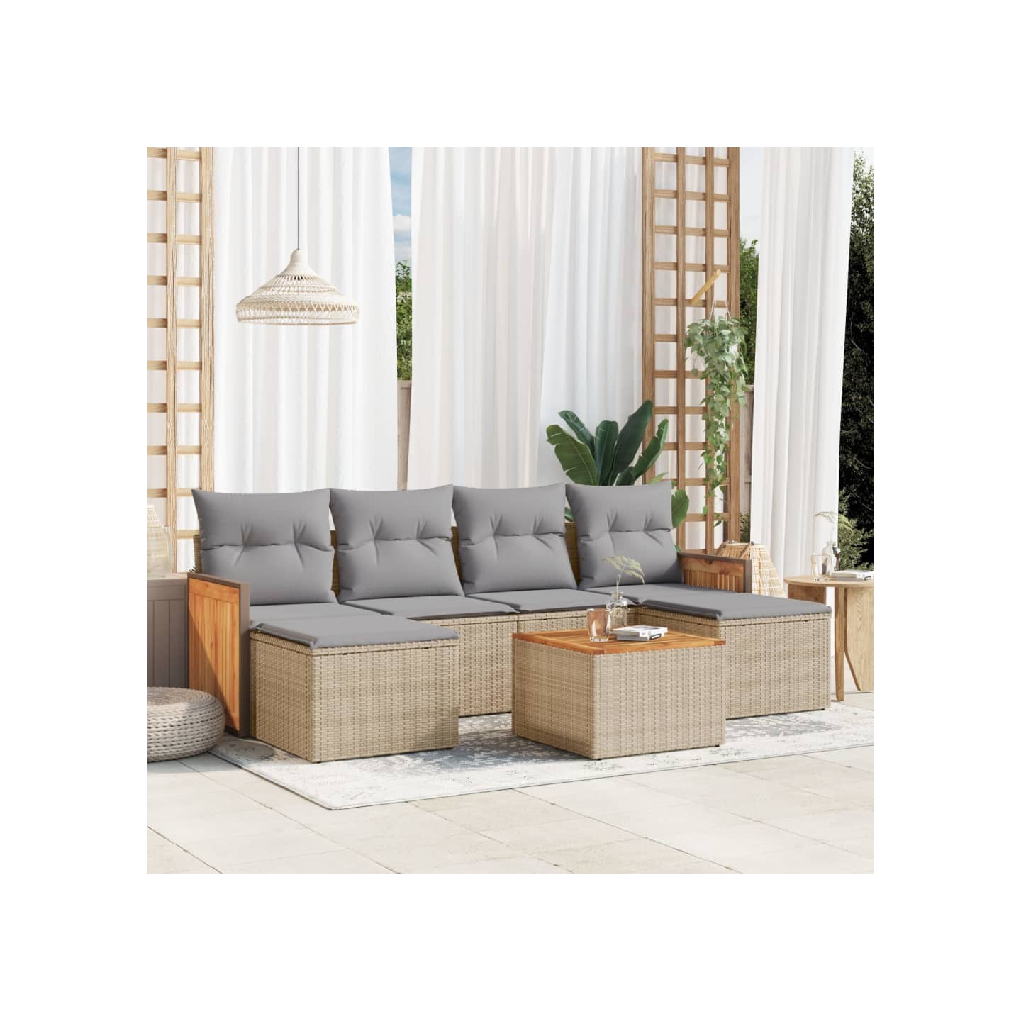 Salon de jardin avec coussins 7 pcs beige résine tressée