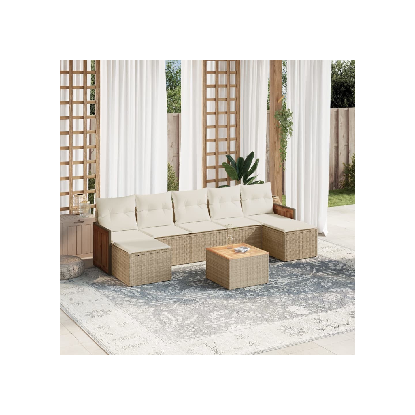 Salon de jardin avec coussins 8 pcs beige résine tressée