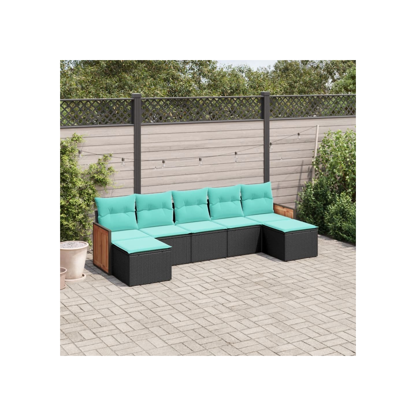 Salon de jardin 7 pcs avec coussins noir résine tressée