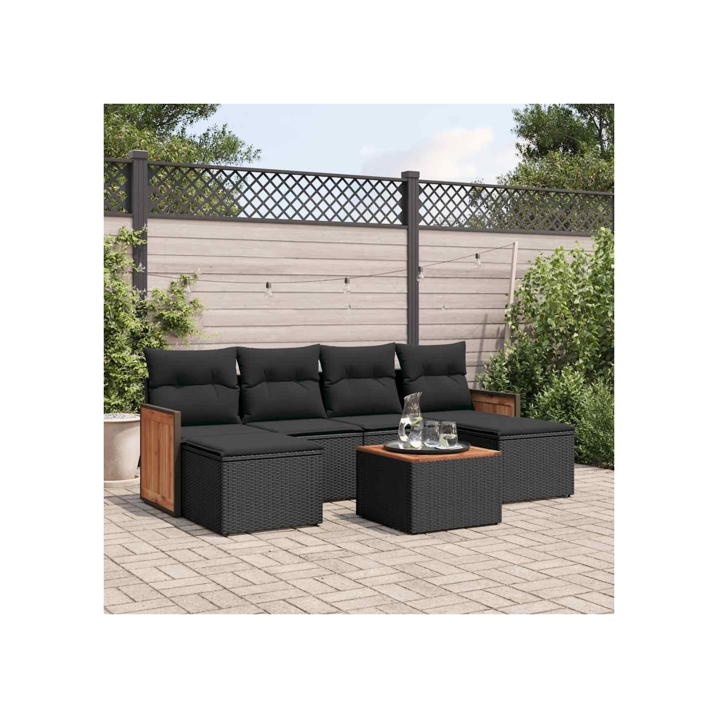 Salon de jardin 7 pcs avec coussins noir résine tressée