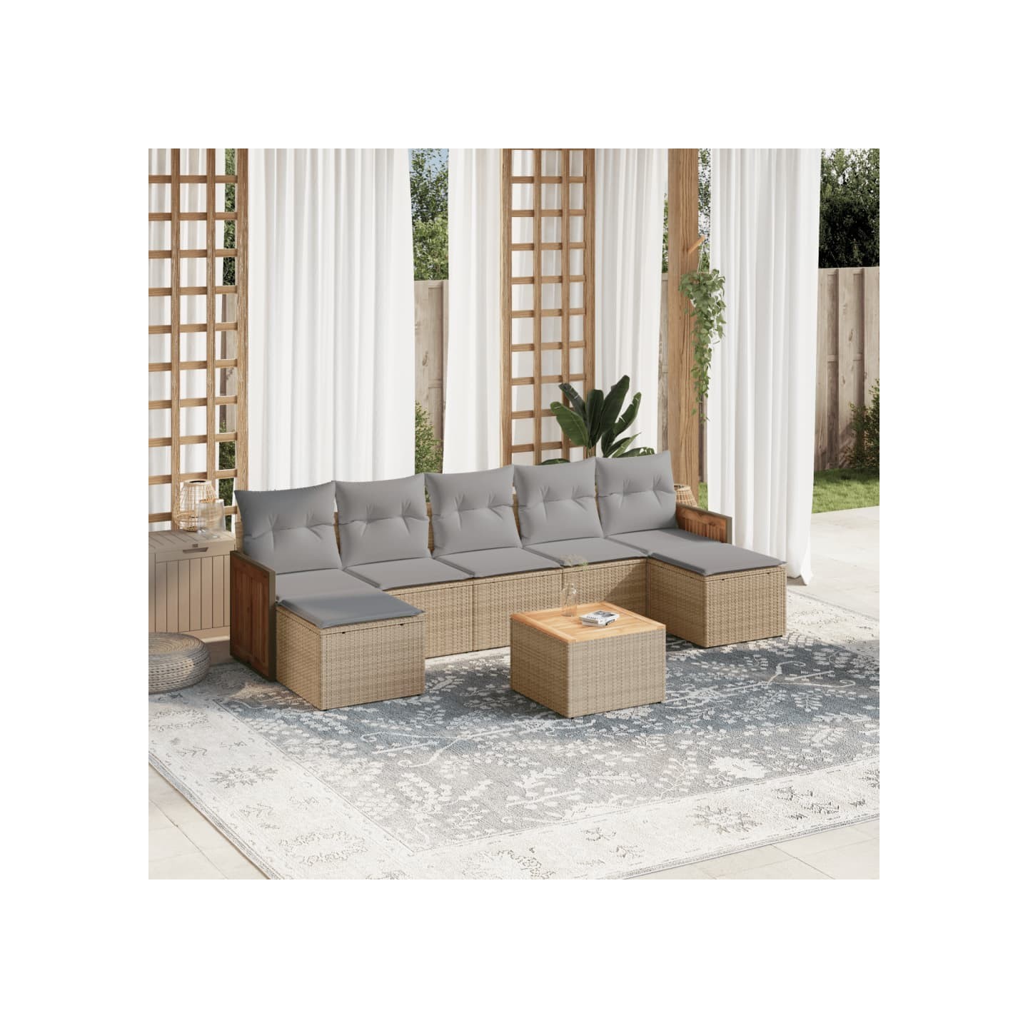 Salon de jardin avec coussins 8 pcs beige résine tressée