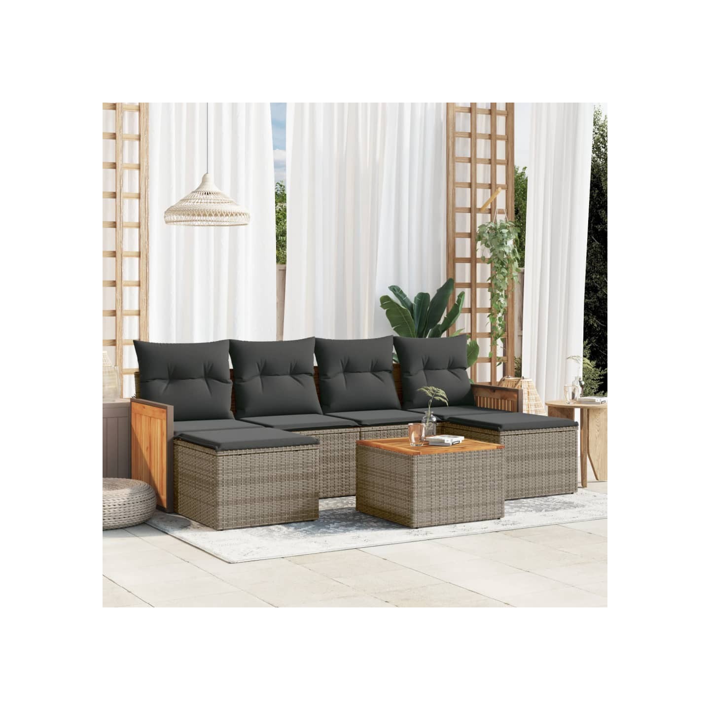 Salon de jardin avec coussins 7 pcs gris résine tressée