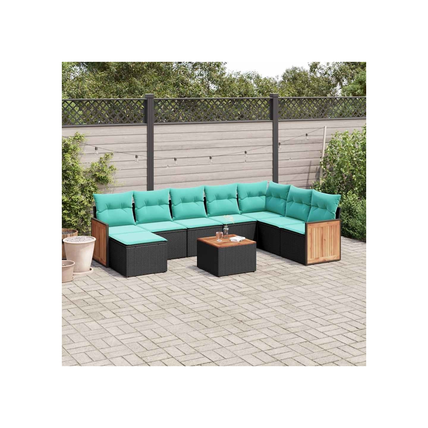 Ensemble de canapé de jardin 9 pcs avec coussins noir résine tressée