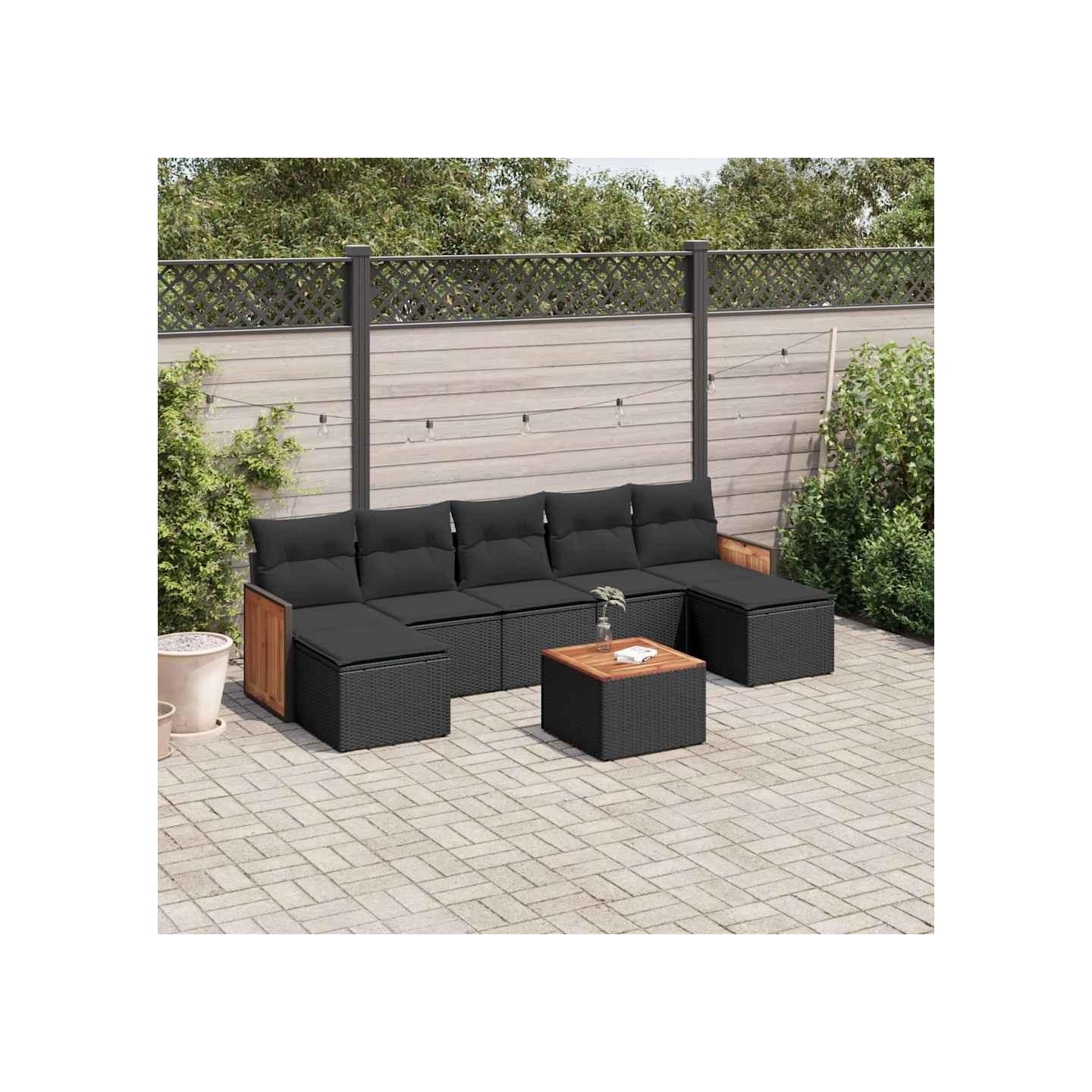 Salon de jardin 8 pcs avec coussins noir résine tressée