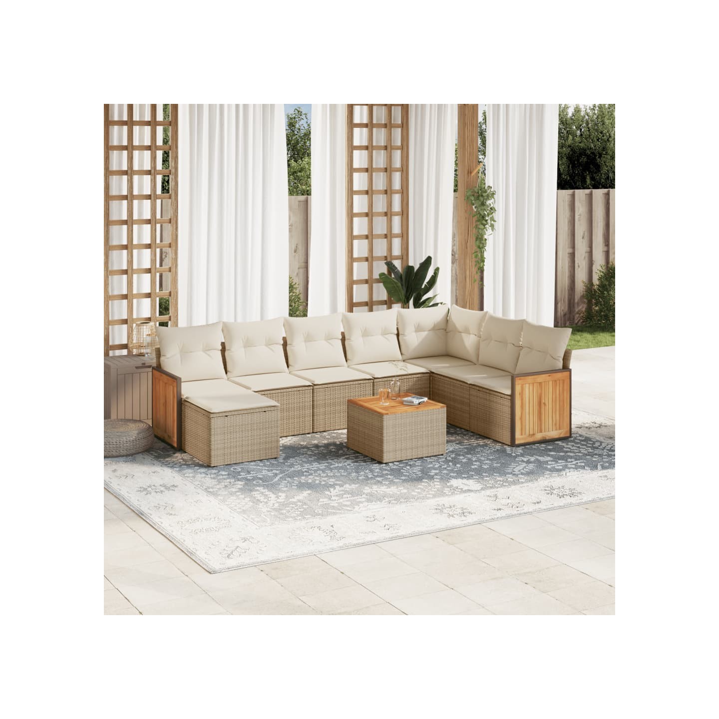 Salon de jardin avec coussins 9 pcs beige résine tressée